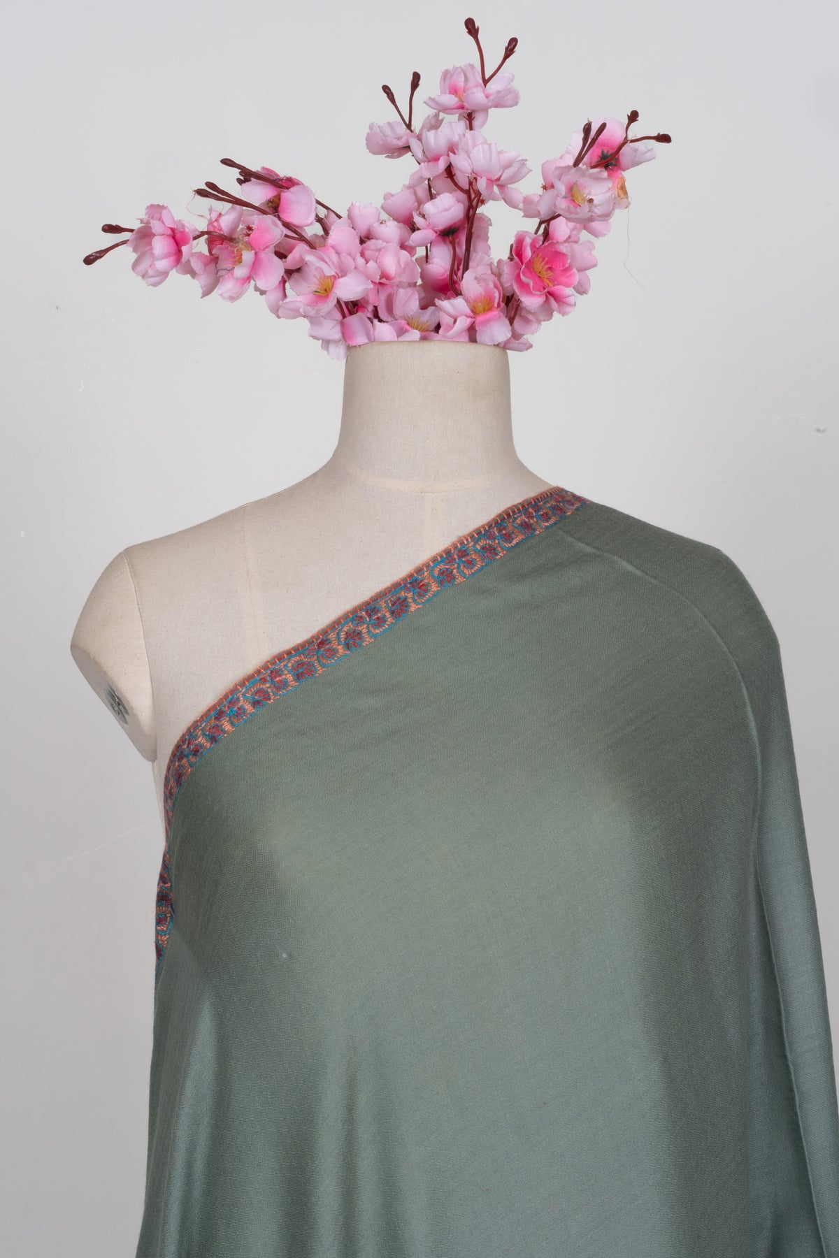 Sage Meadow Merino wool 2.5 Yards Sozni Hand Embroidered Shawl
