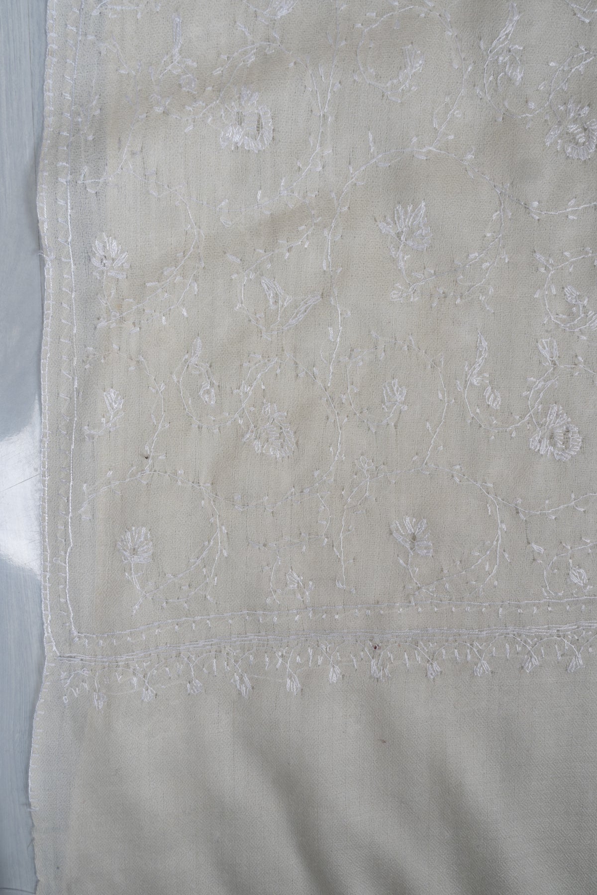 Ivory Whisper Merino wool 2.5 Yards Sozni Hand Embroidered Shawl