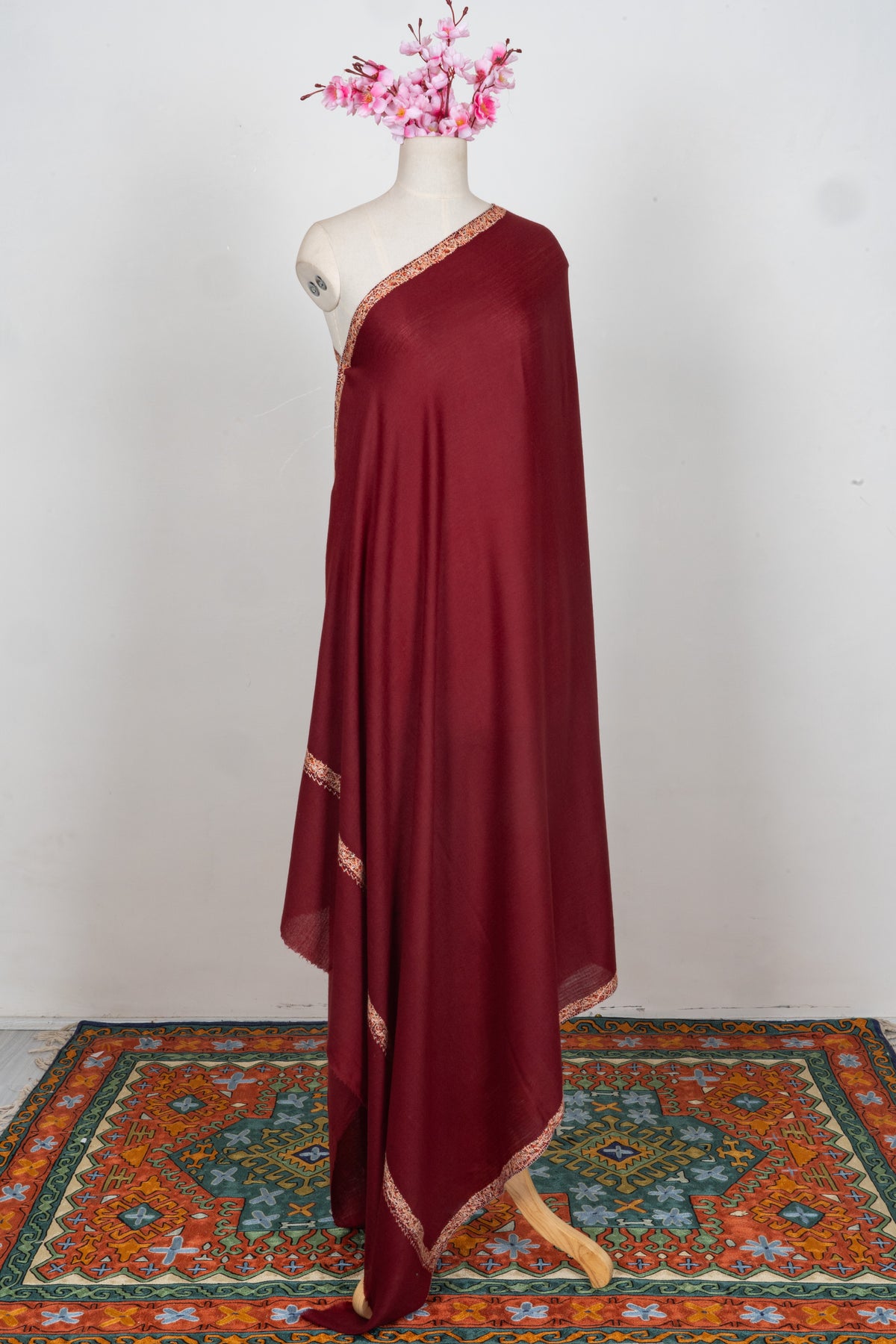 Royal Garnet Merino wool 2.5 Yards Sozni Hand Embroidered Shawl