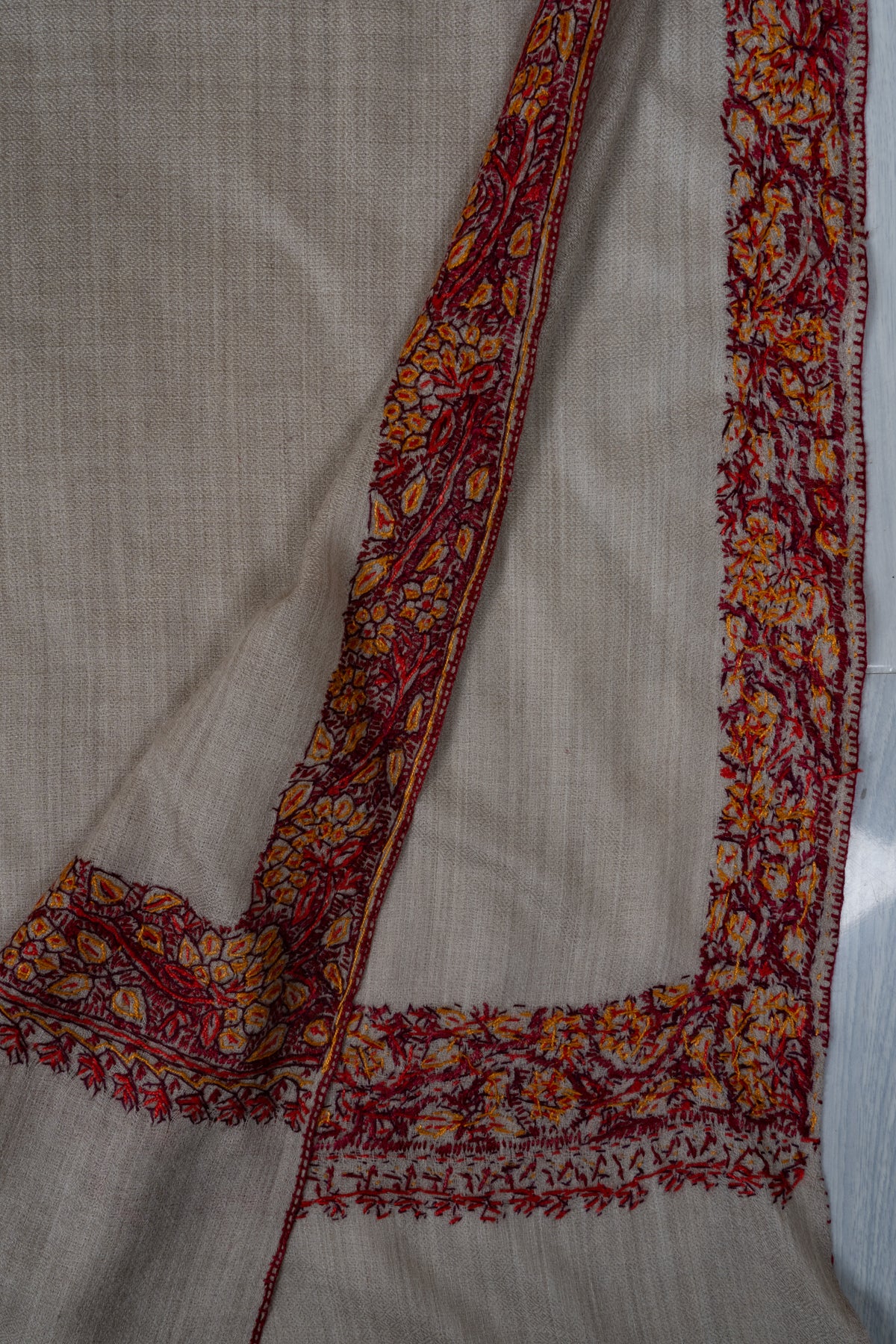 Almond Bloom Merino wool 2.5 Yards Sozni Hand Embroidered Shawl