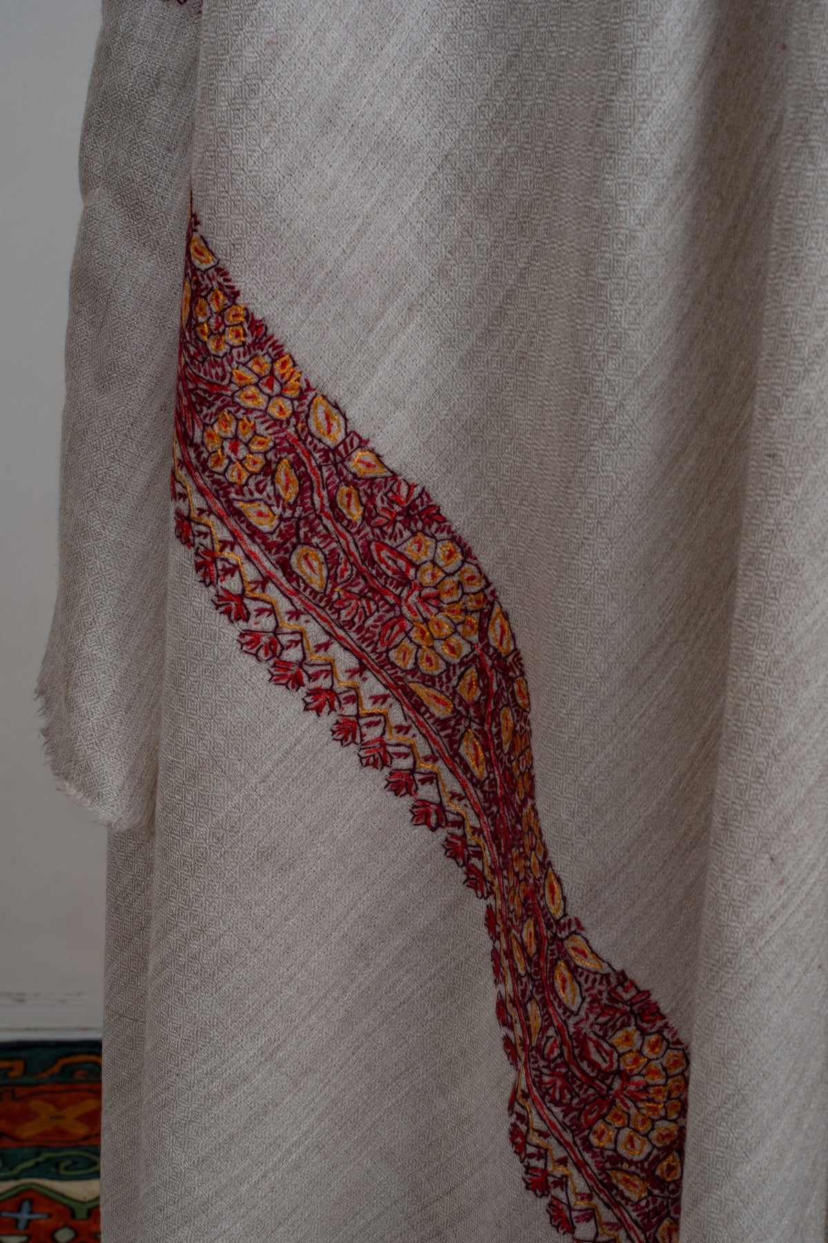 Almond Bloom Merino wool 2.5 Yards Sozni Hand Embroidered Shawl