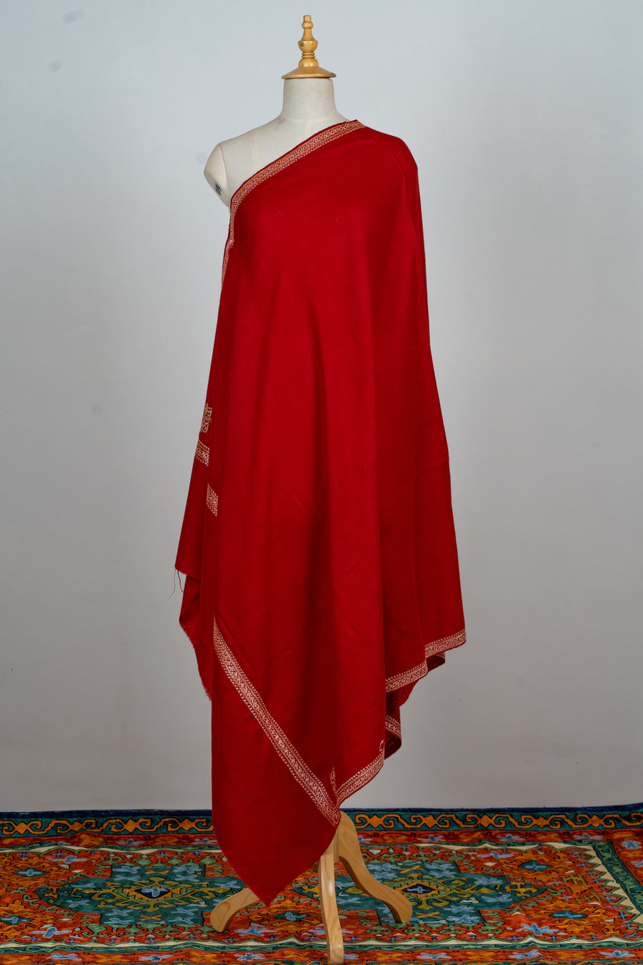 Scarlet Radiance: Tilla Hand-Embroidered Merino Wool Shawl