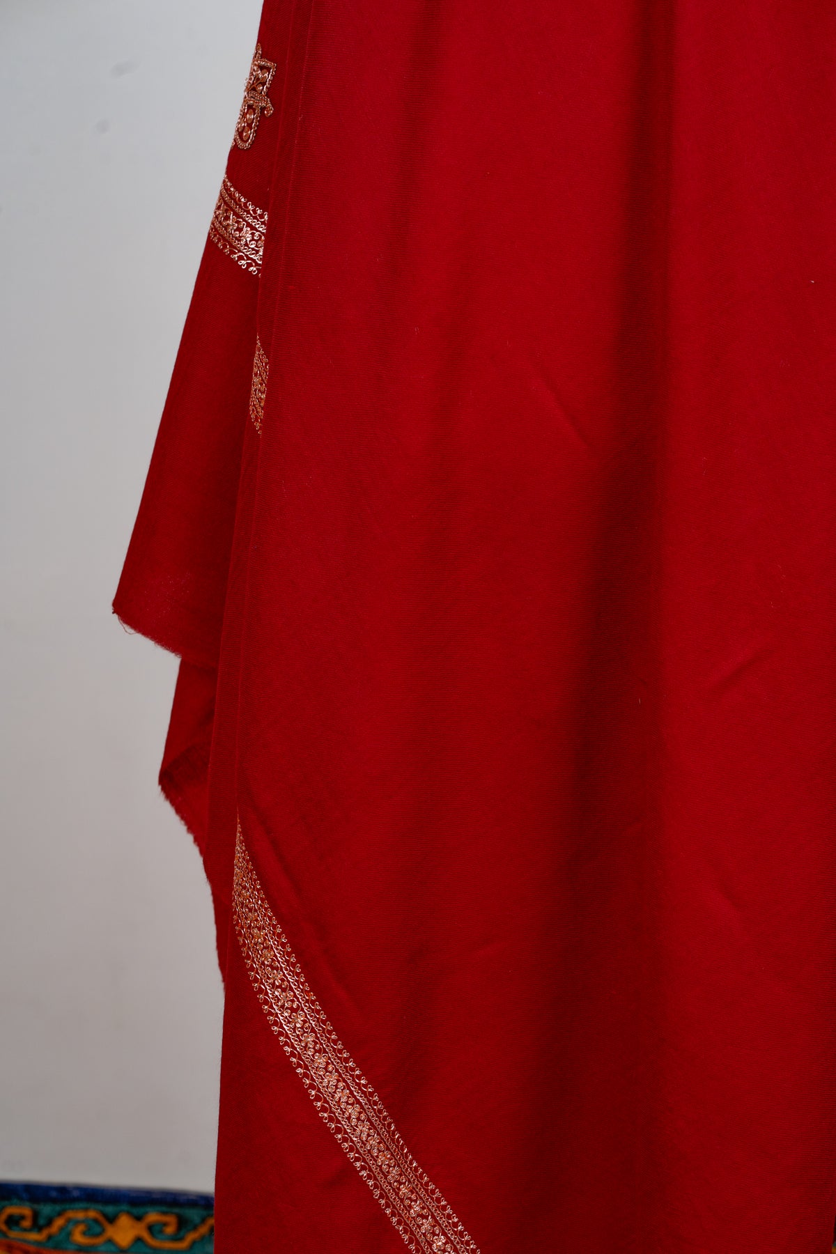 Scarlet Radiance: Tilla Hand-Embroidered Merino Wool Shawl