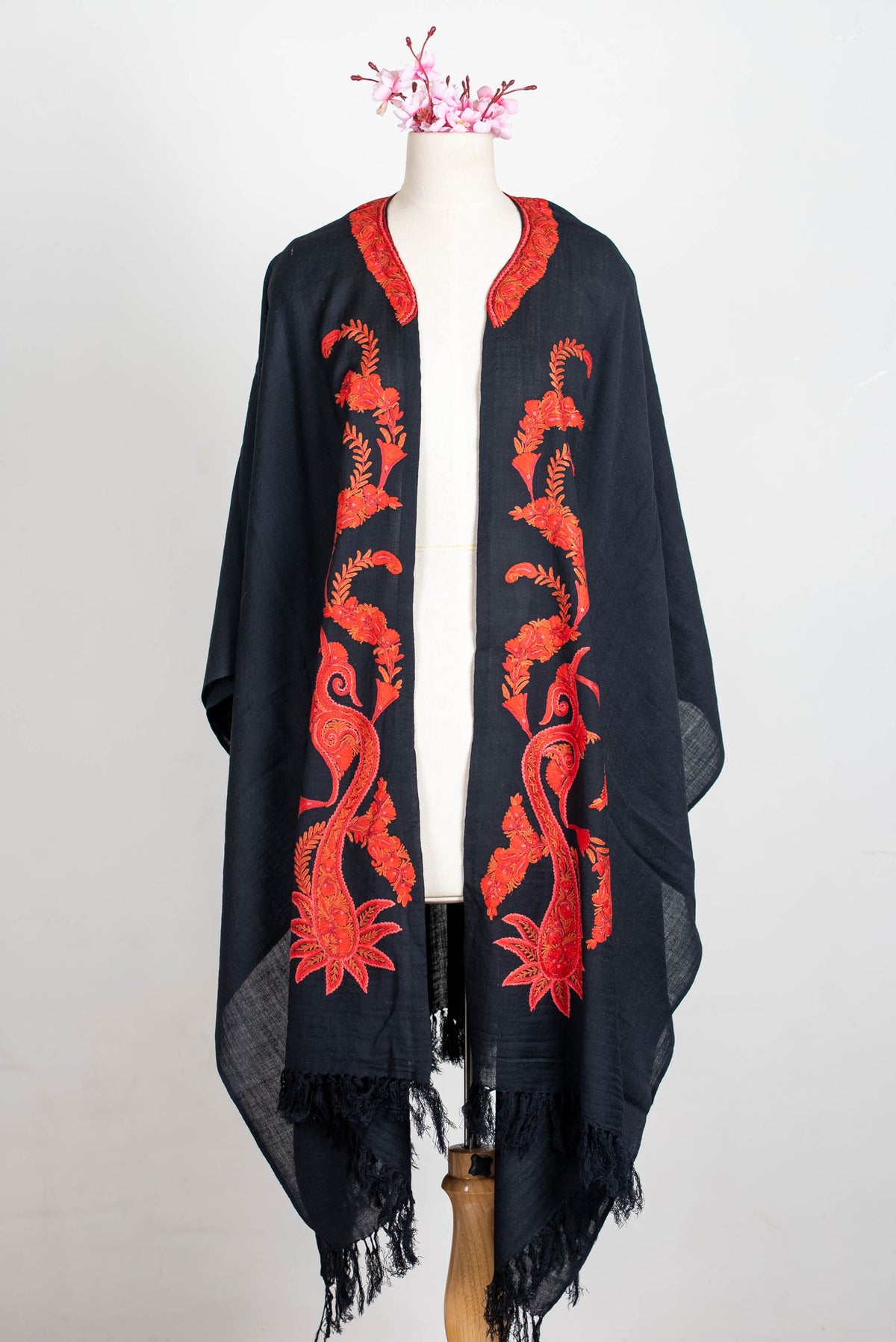 Hand Embroidered Open Front Shawl/Cape with Fiery Paisley Floral Art