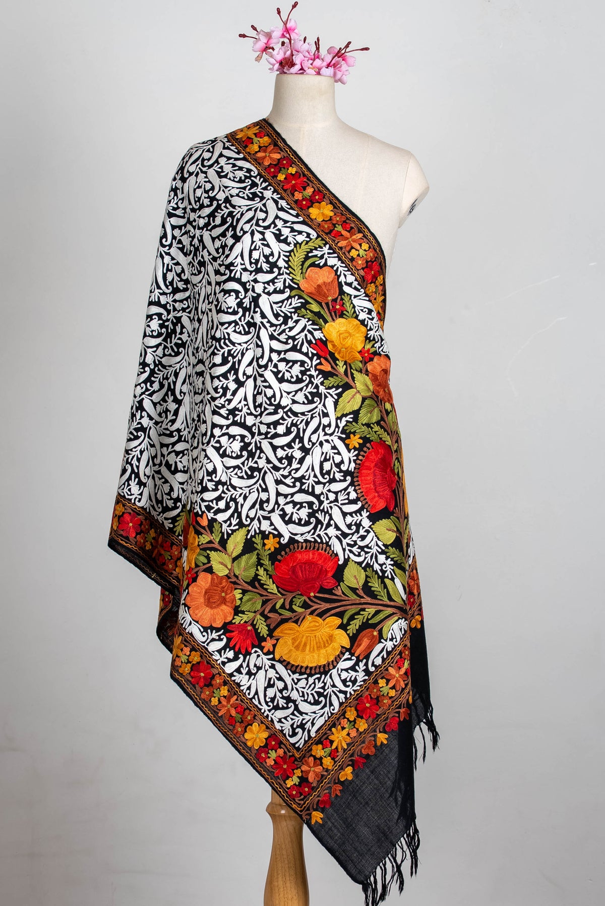 Fine Merino Wool Aari Embroidered Shawl with Multicolor Floral Jama and White Vinework