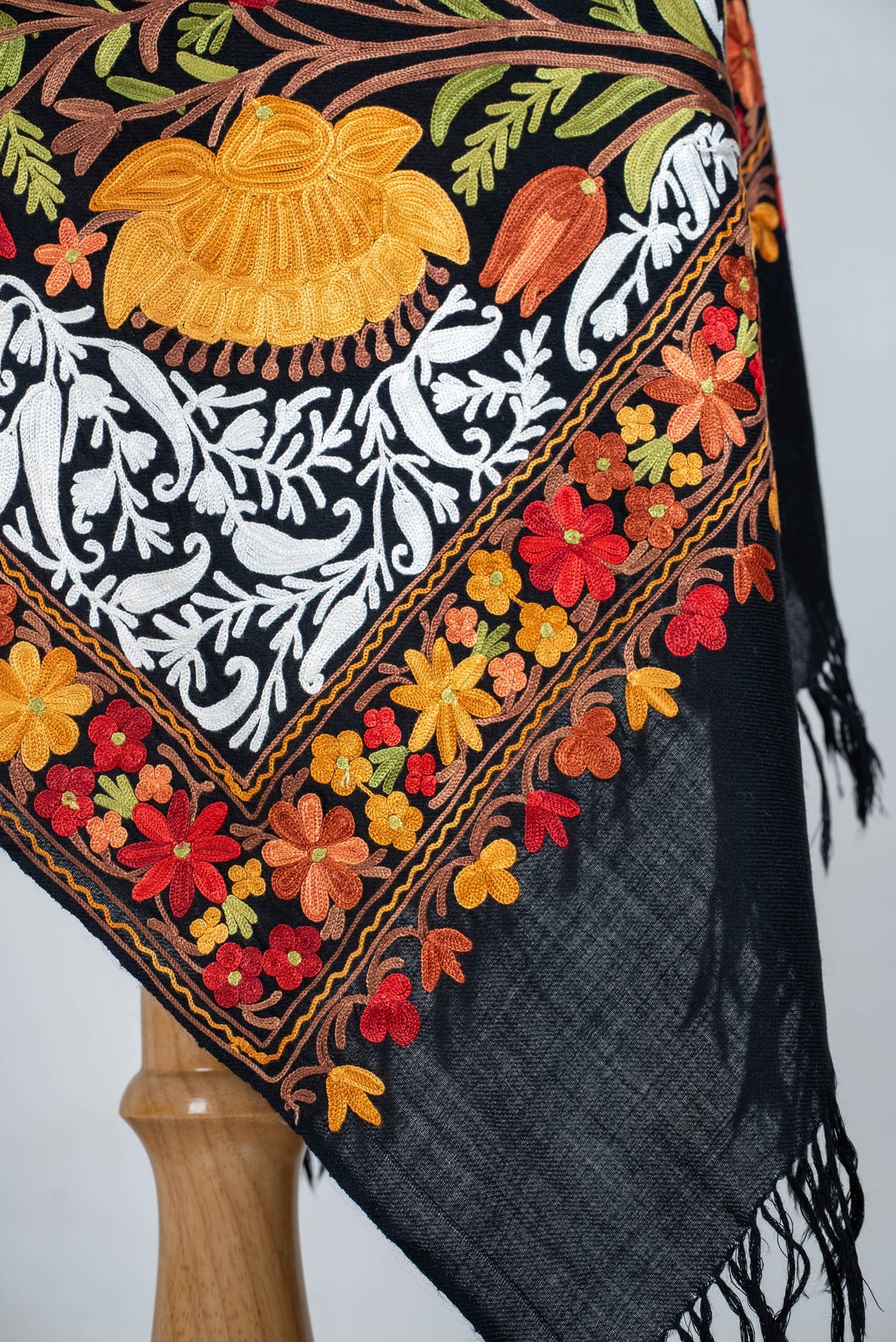 Fine Merino Wool Aari Embroidered Shawl with Multicolor Floral Jama and White Vinework