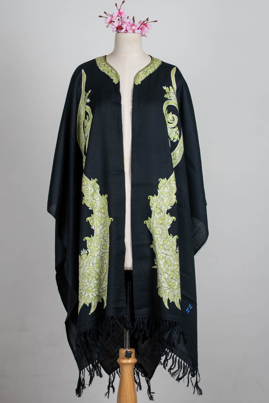 Hand Embroidered Open Front Shawl/Cape with Sage Green Paisley Embroidery
