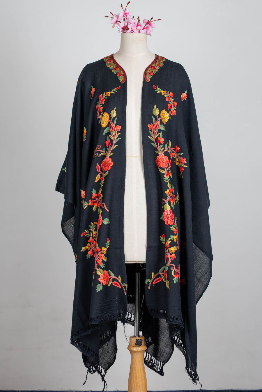 Hand Embroidered Open Front Shawl/Cape with Garden Floral Vine Motifs