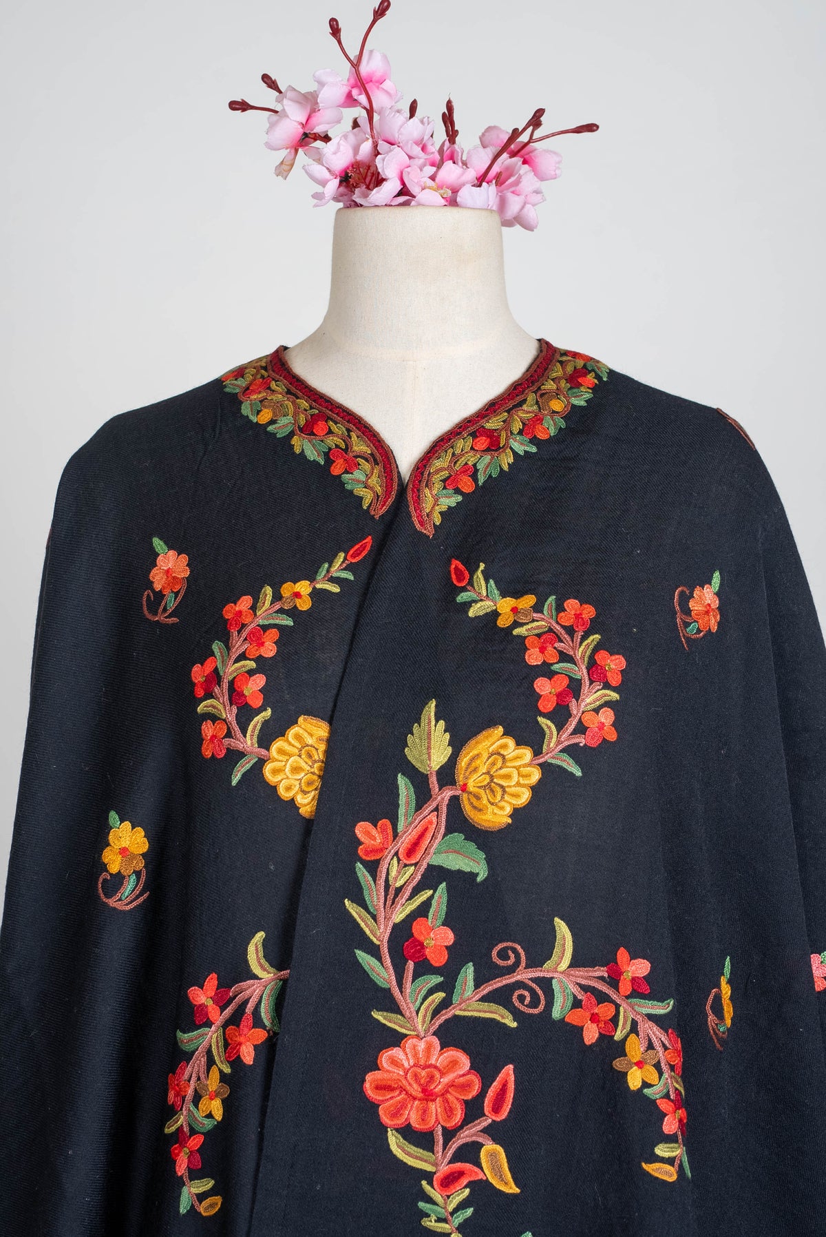 Hand Embroidered Open Front Shawl/Cape with Garden Floral Vine Motifs