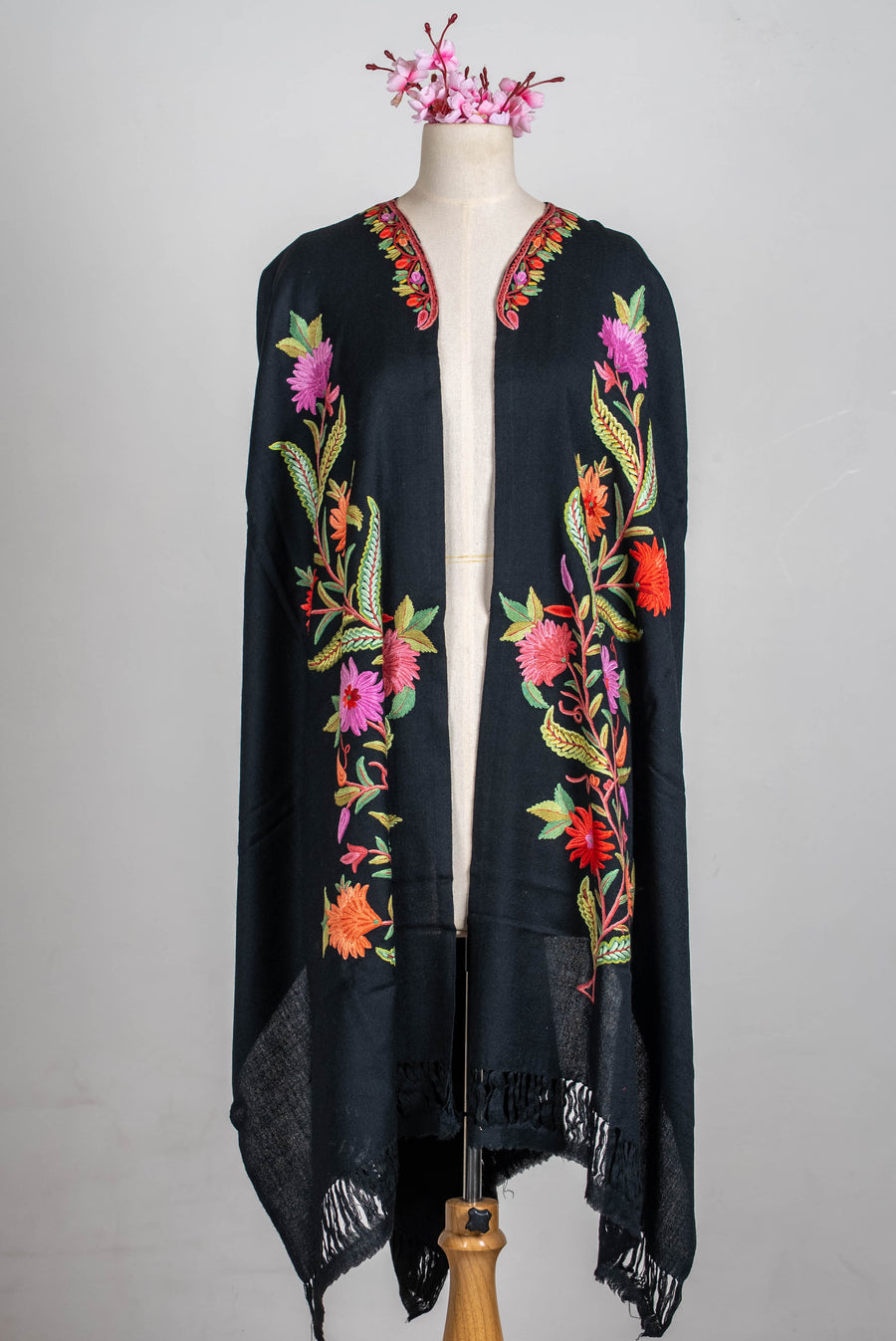 Hand Embroidered Open Front Shawl/Cape with Vibrant Botanical Florals