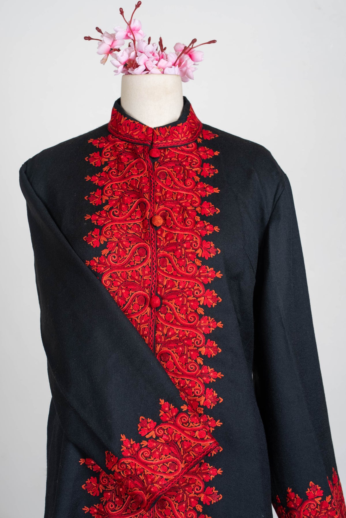 Noir Crimson Aari Hand Embroidered Long Jacket
