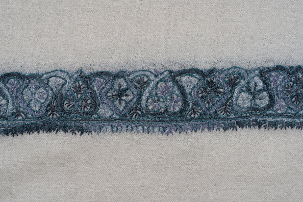Close-up of dark teal embroidery forming small floral and paisley panels along an ivory rumal's border