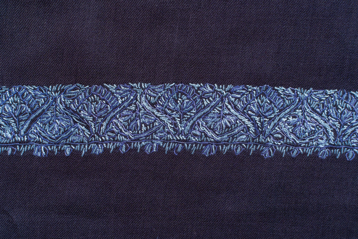 Close-up of the icy blue Sozni floral border with small leaf edging on the dark navy rumal