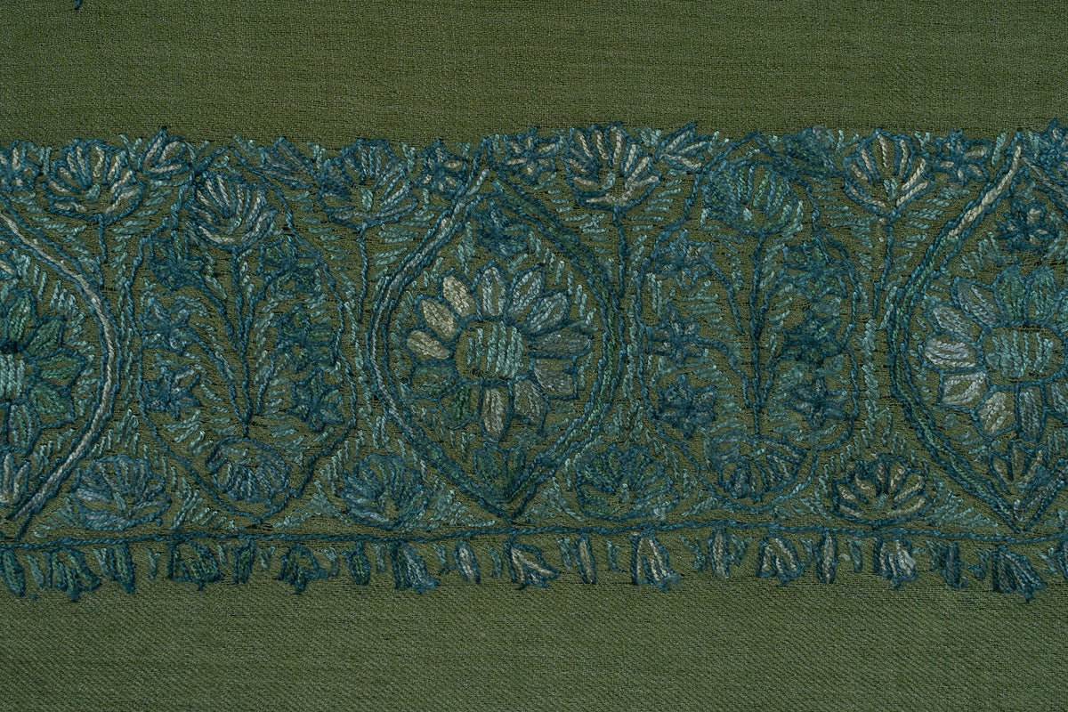 Close-up of teal leaf and floral medallions repeating along the olive-green rumal’s broad border