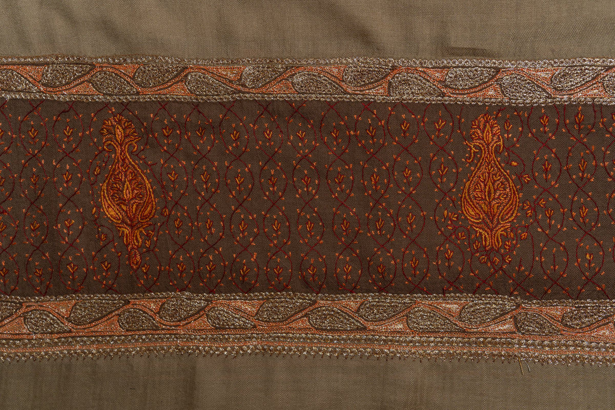 Earthy Grace Hand-Embroidered Sozni Merino Wool Shawl