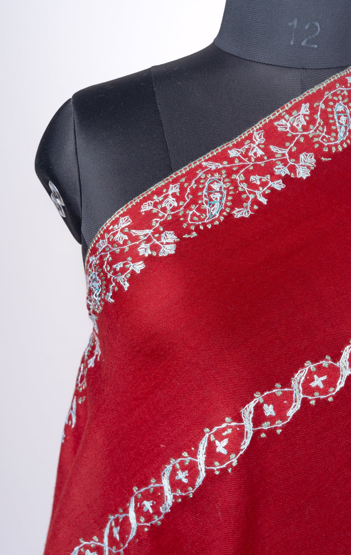 Raqs-e-Gulnaar: Sozni Embroidered Merino Wool Shawl in Crimson Bloom
