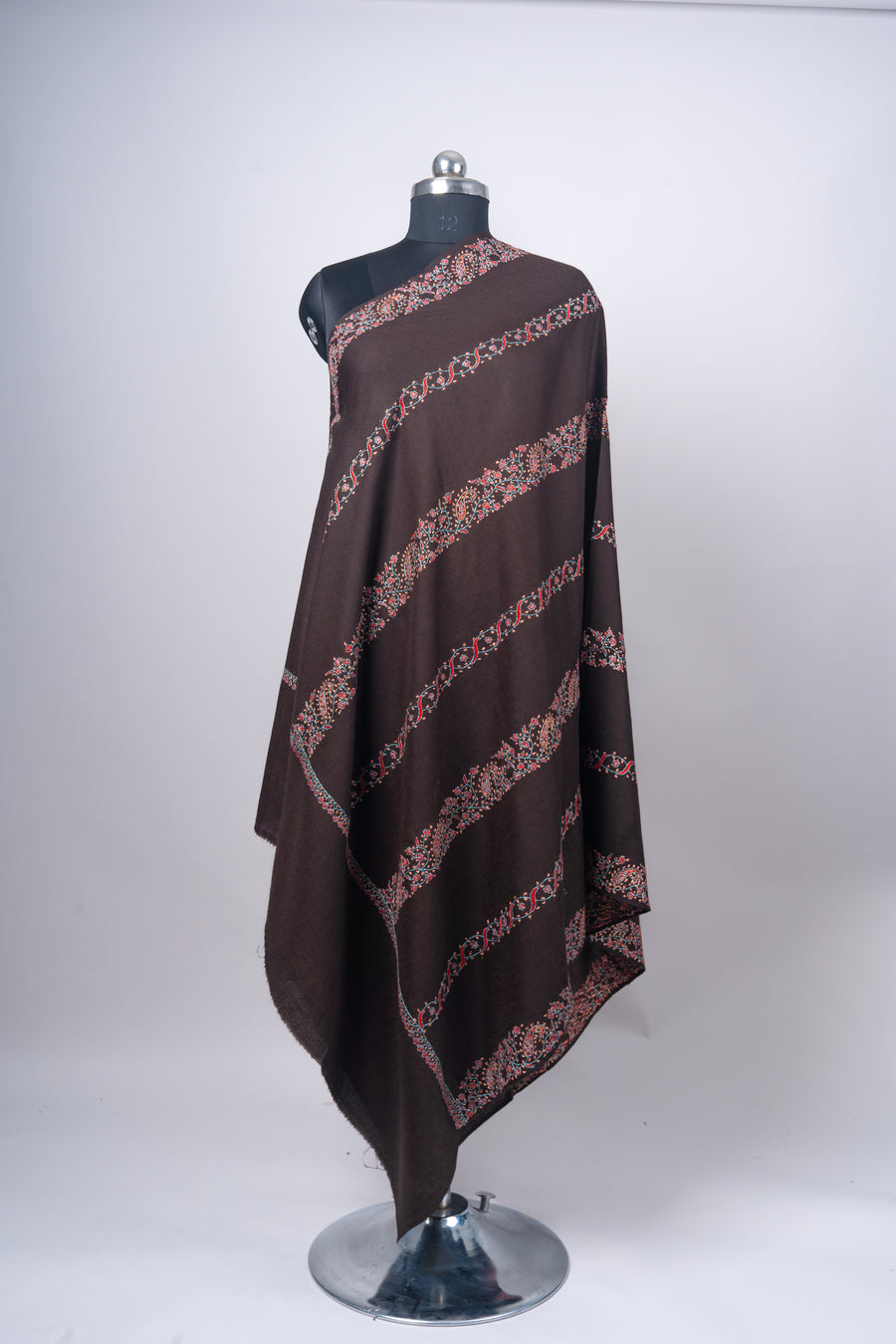 Chandni Zameen: Hand-Embroidered Sozni Shawl on Dark Cocoa Merino Wool