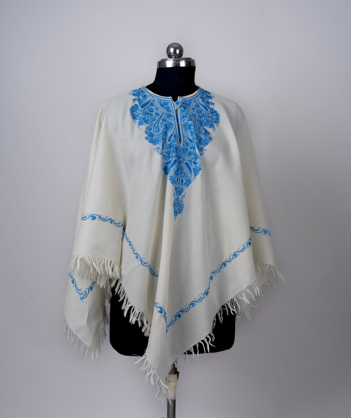 Nilofer Frost: Aari Hand-Embroidered Poncho in Ivory and Blue