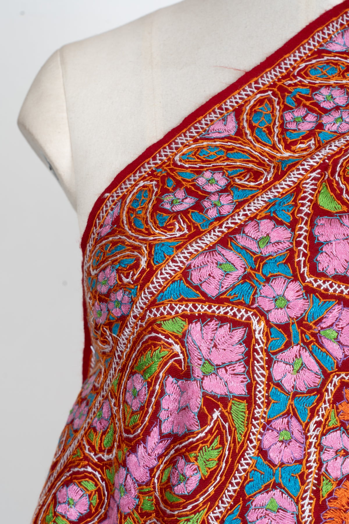 Shoulder detail of pink Sozni flowers, turquoise leaves and green paisleys within outlined panels on a red Merino wool stole.