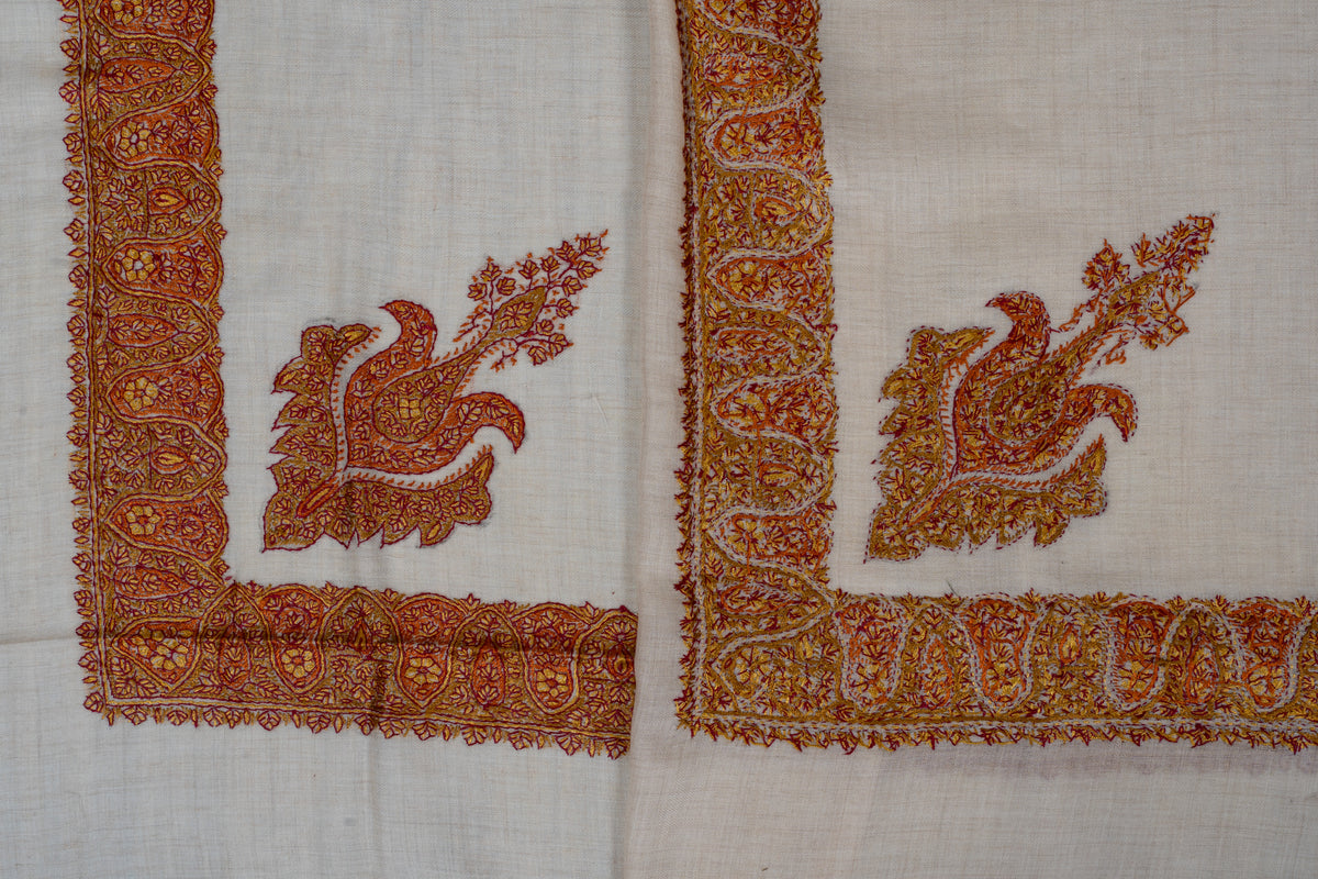 Overlapping ivory rumal corners, showing both sides of saffron and maroon floral motifs and paisley borders