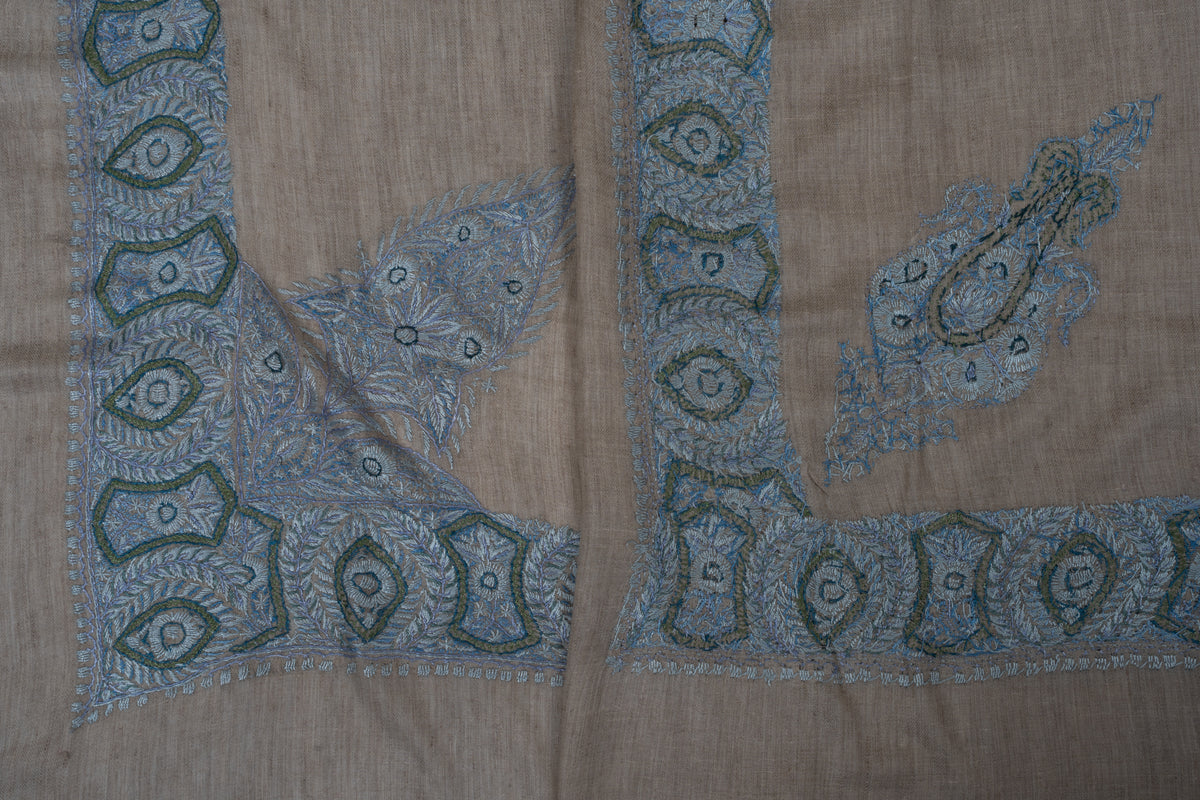 Overlapping rumal corners showing the large pointed floral design beside a smaller curled motif