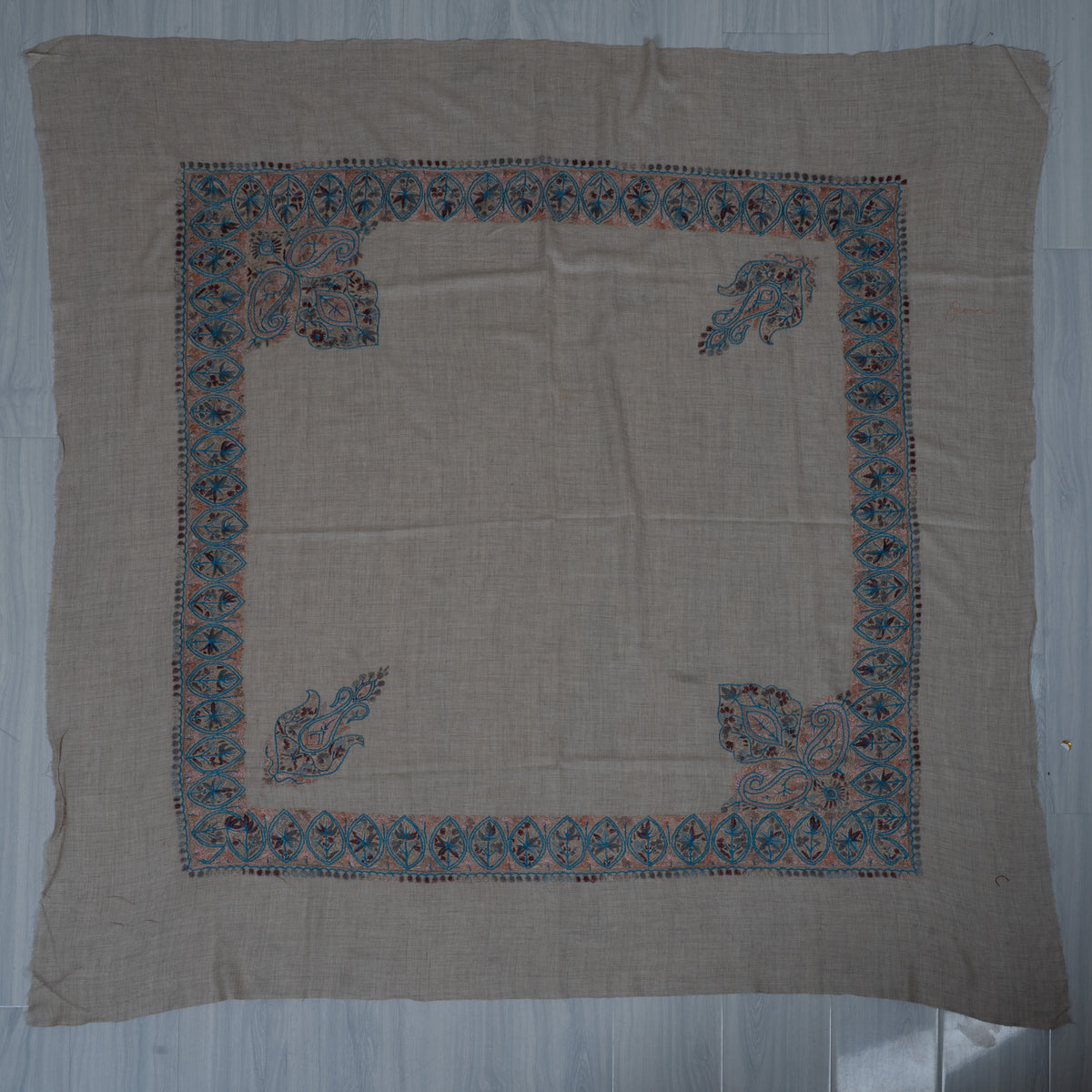 Azure Petal Cashmere Rumal — Sozni Hand Embroidered