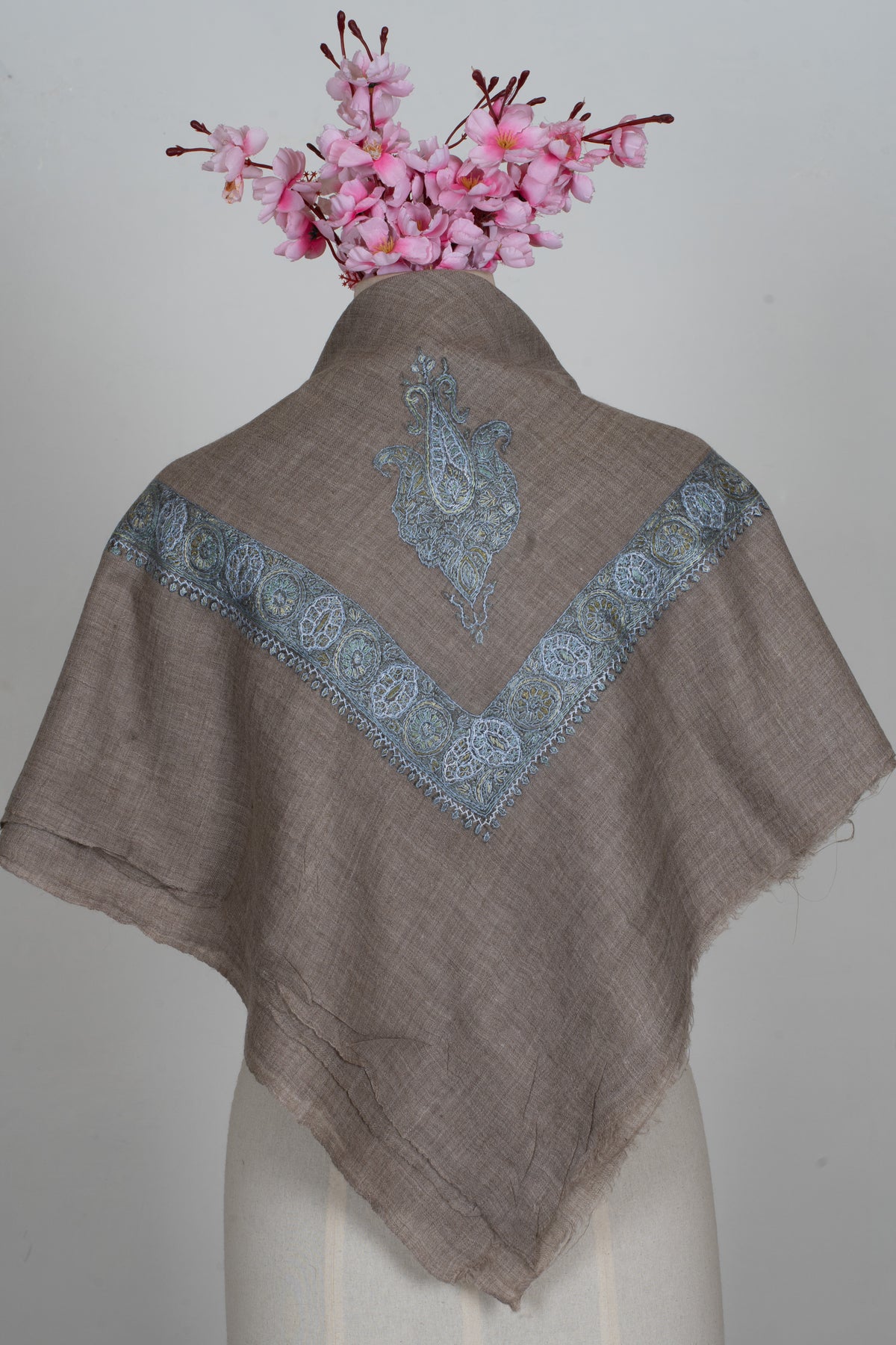 Mushroom Pearl Cashmere Rumal — Sozni Hand Embroidered