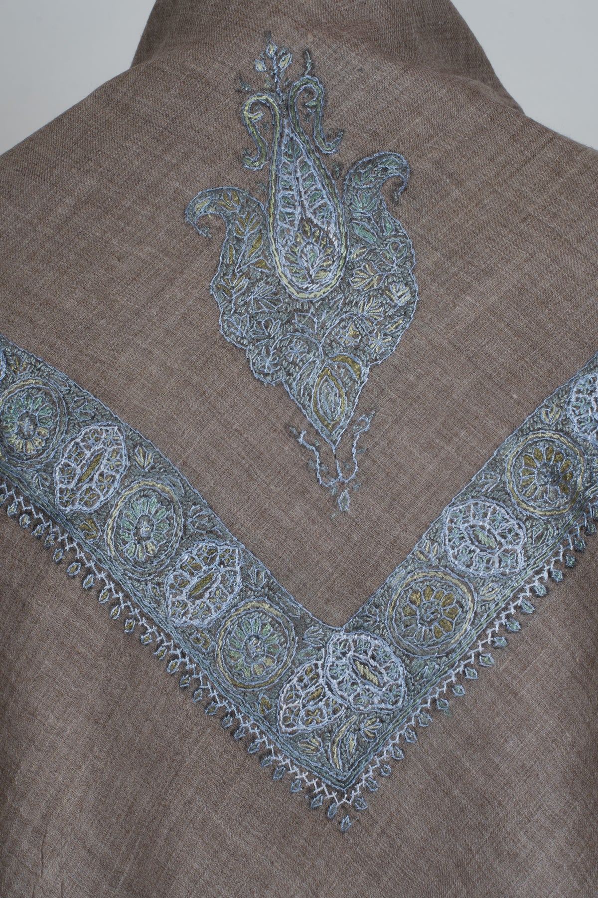 Mushroom Pearl Cashmere Rumal — Sozni Hand Embroidered