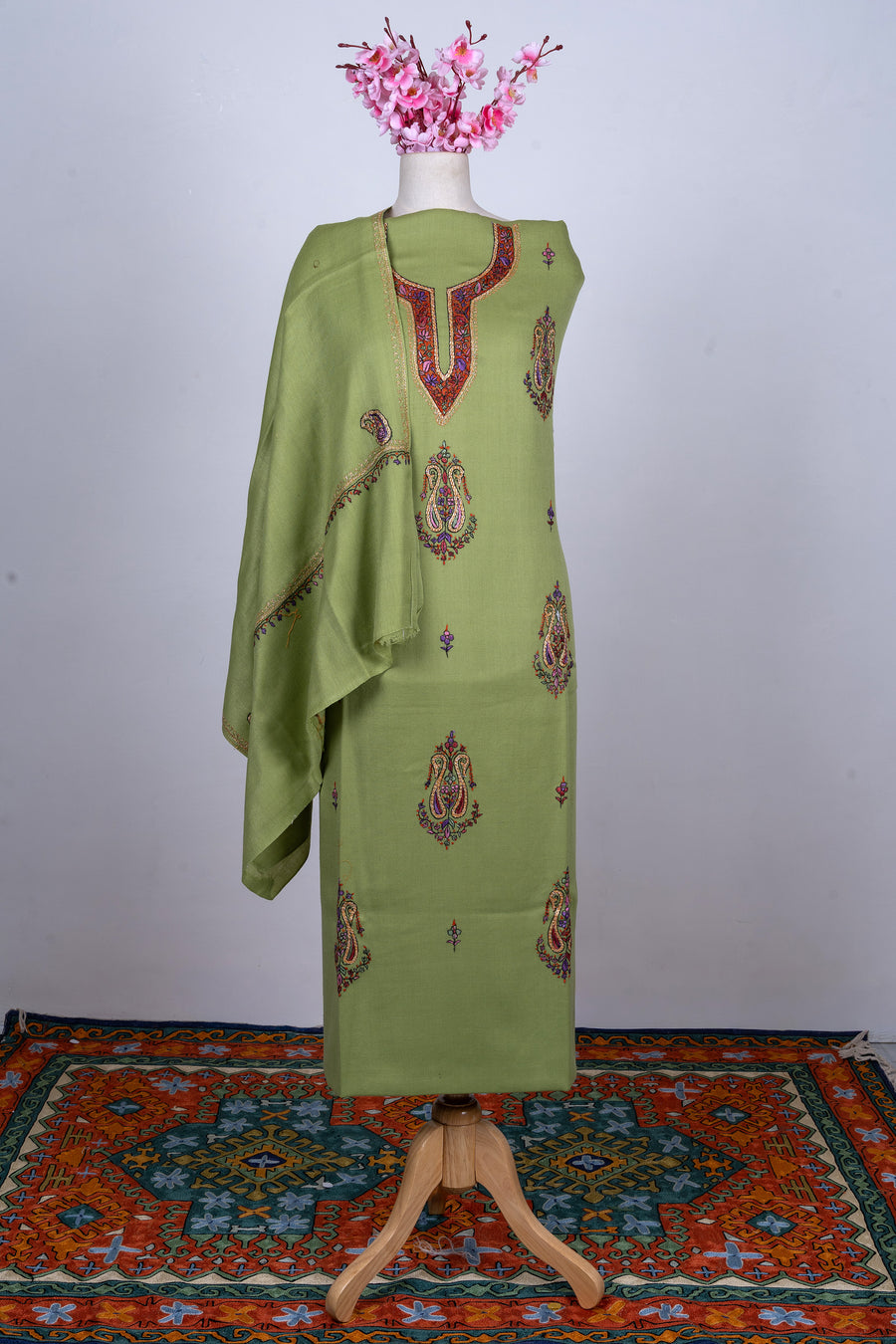 Olive Charm Sozni Hand Embroidered Suit