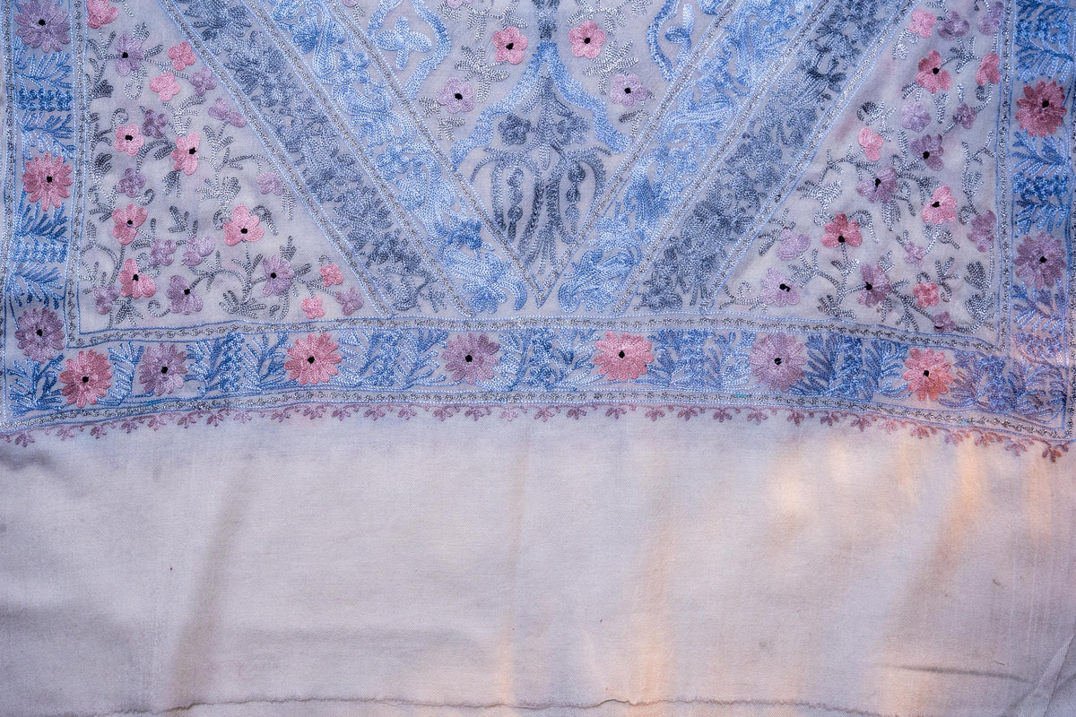 Pastel Bloom Merino Wool Stole with Aari Embroidery