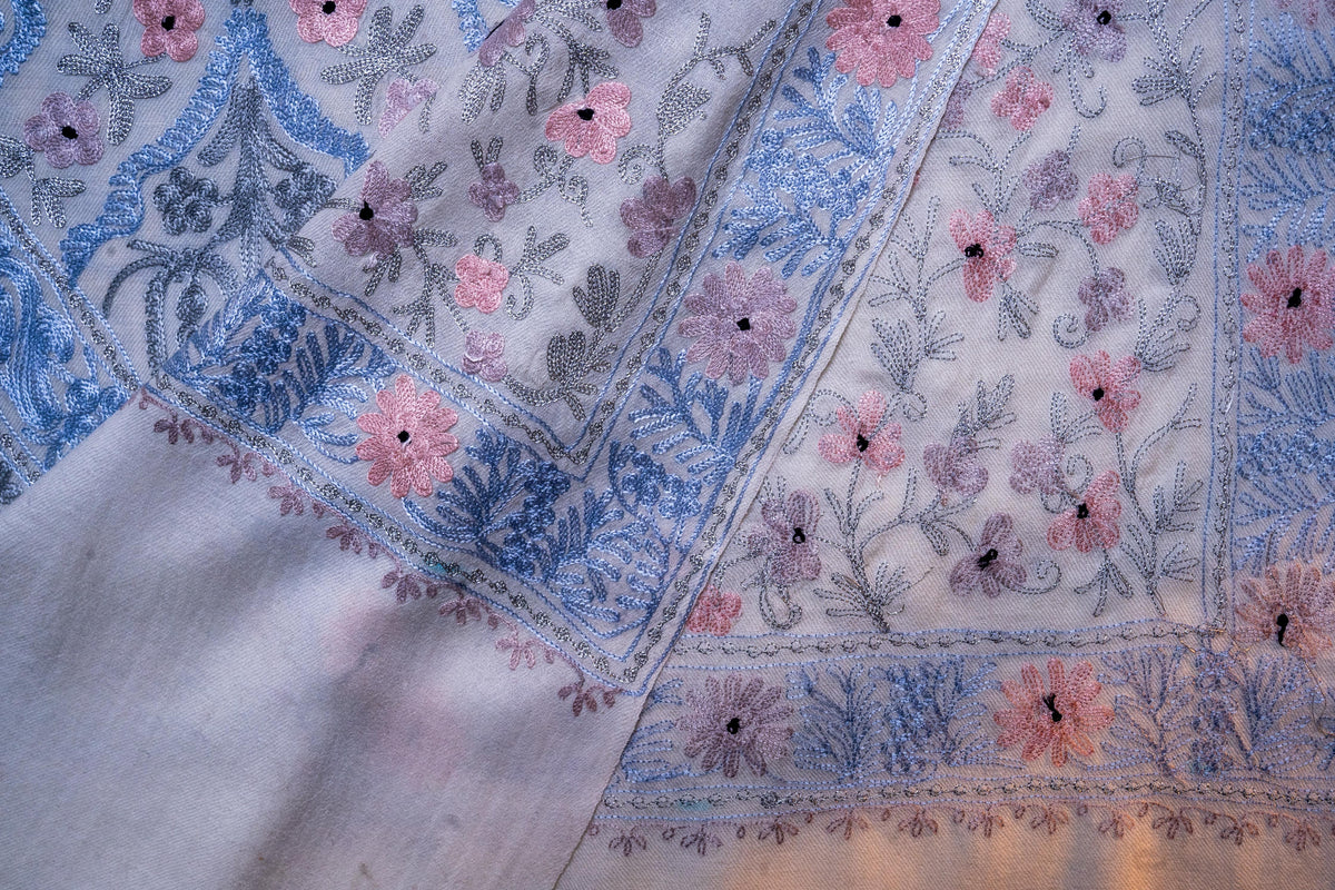 Pastel Bloom Merino Wool Stole with Aari Embroidery