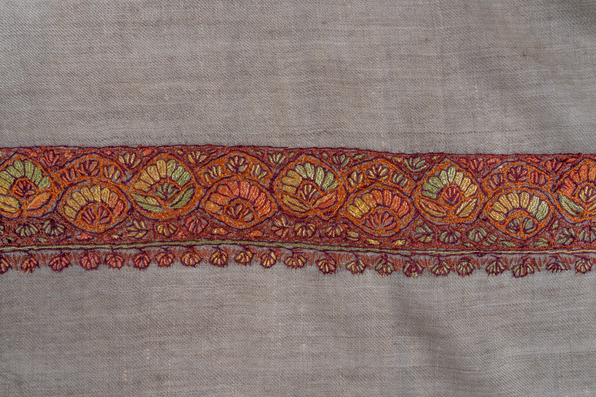 Close-up of rounded saffron, crimson and green flowers along the Sozni border of a taupe rumal