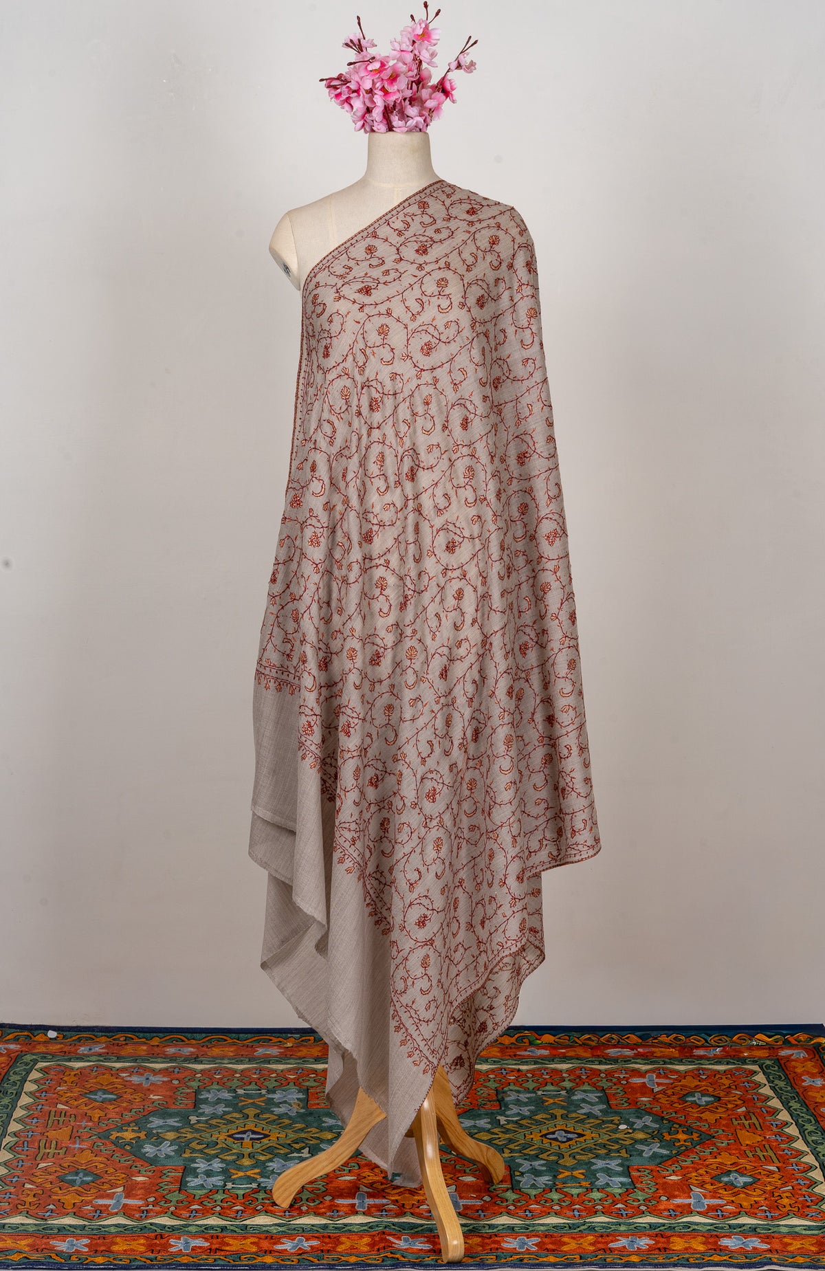 Clay Blossom — 2.5 Yards Sozni Hand-Embroidered Shawl