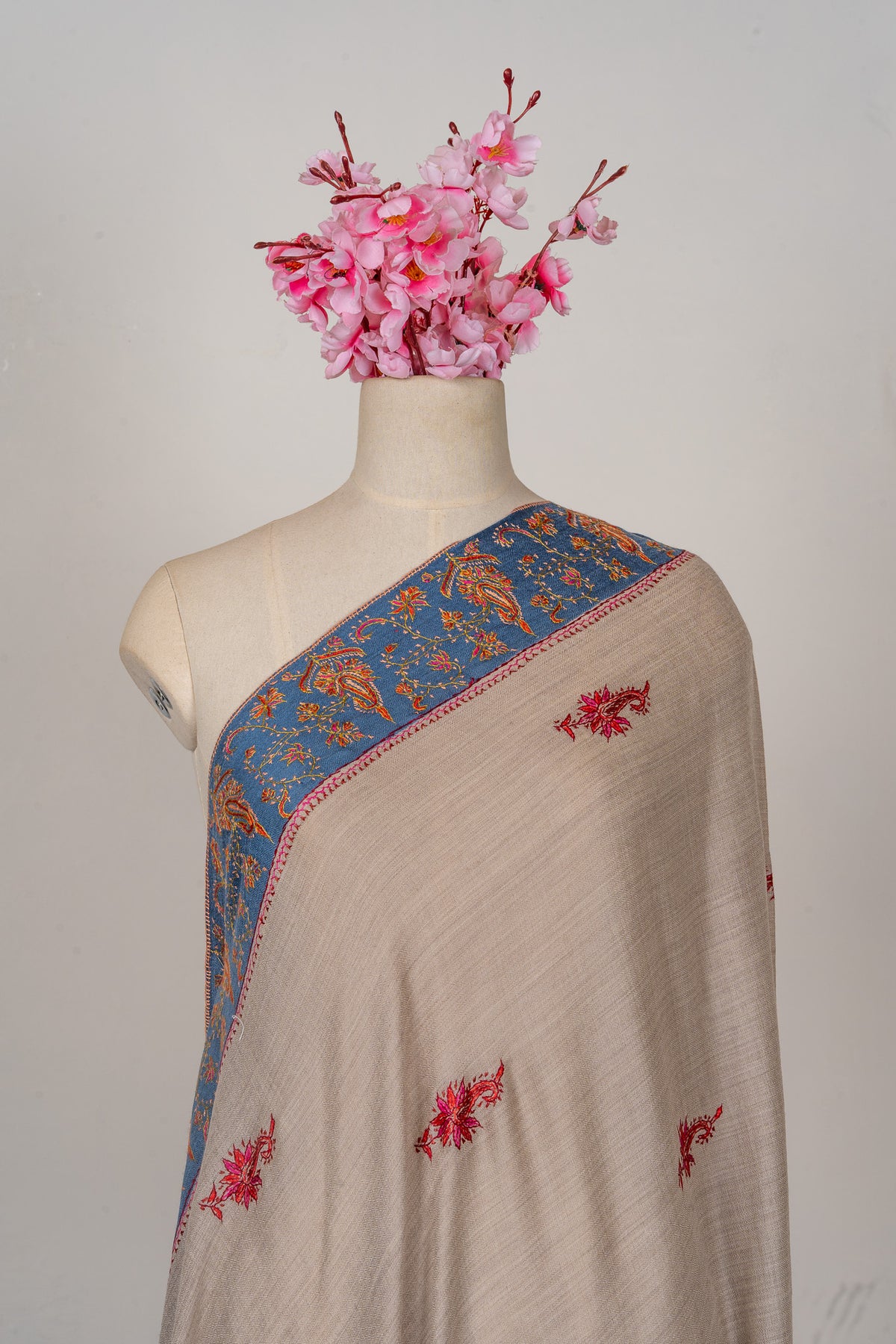 Misty Azure — 2.5 Yards Sozni Hand-Embroidered Shawl