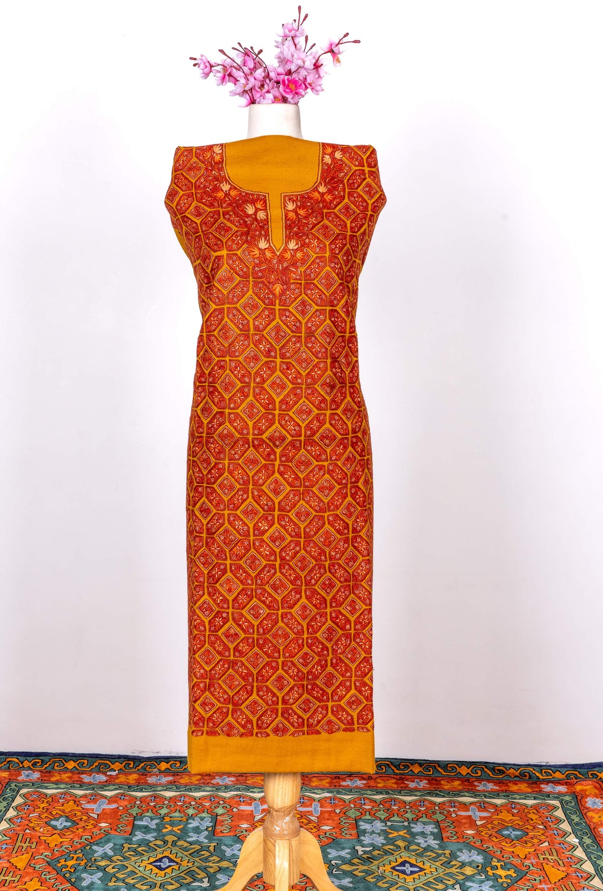 Marigold Mosaic Sozni Hand Embroidered Suit in Fine merino wool