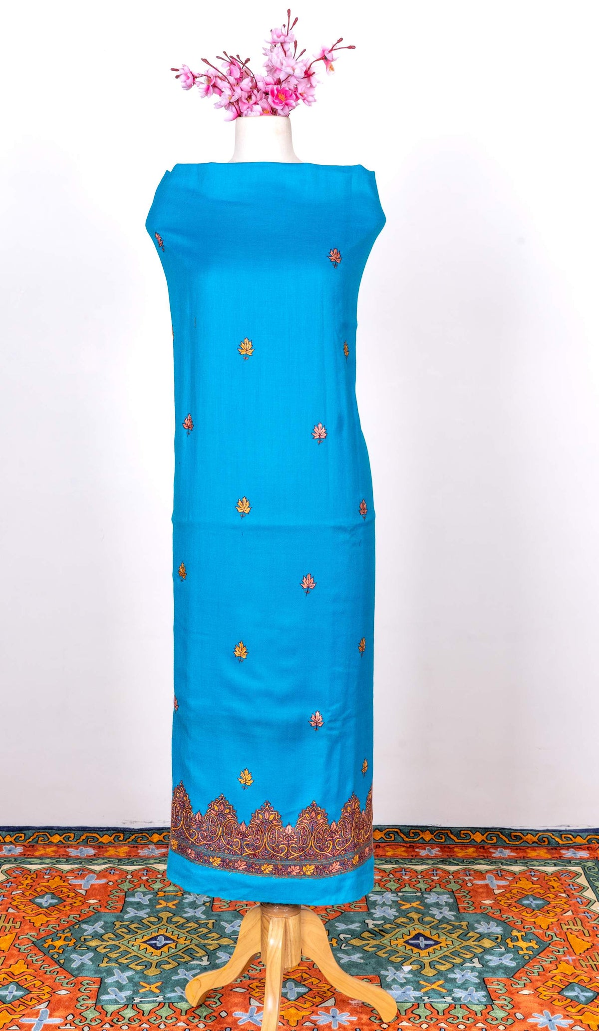 Turquoise Bloom Sozni Hand Embroidered Suit in Fine merino wool