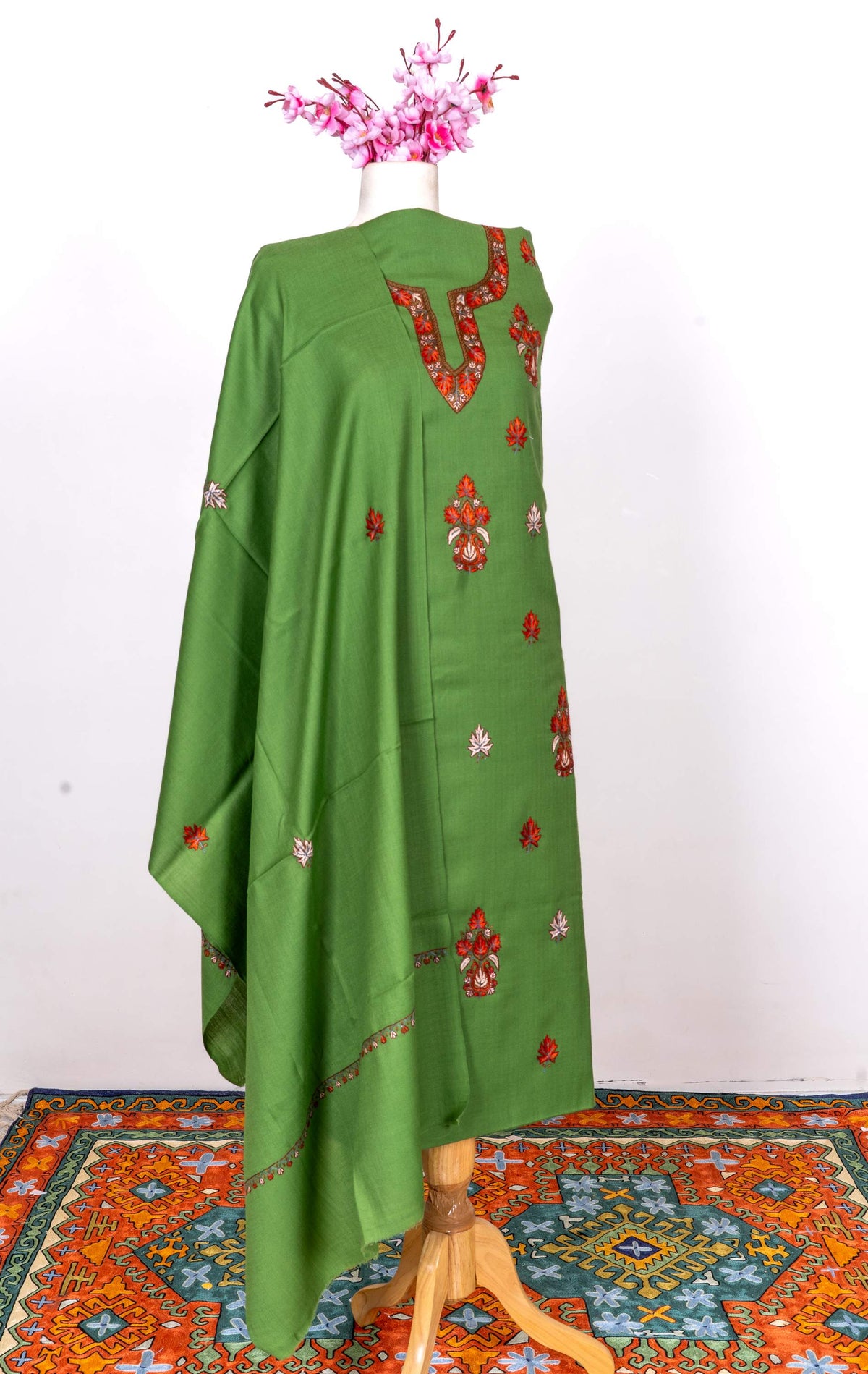 Meadow Leaf Sozni Hand Embroidered Suit in Fine merino wool