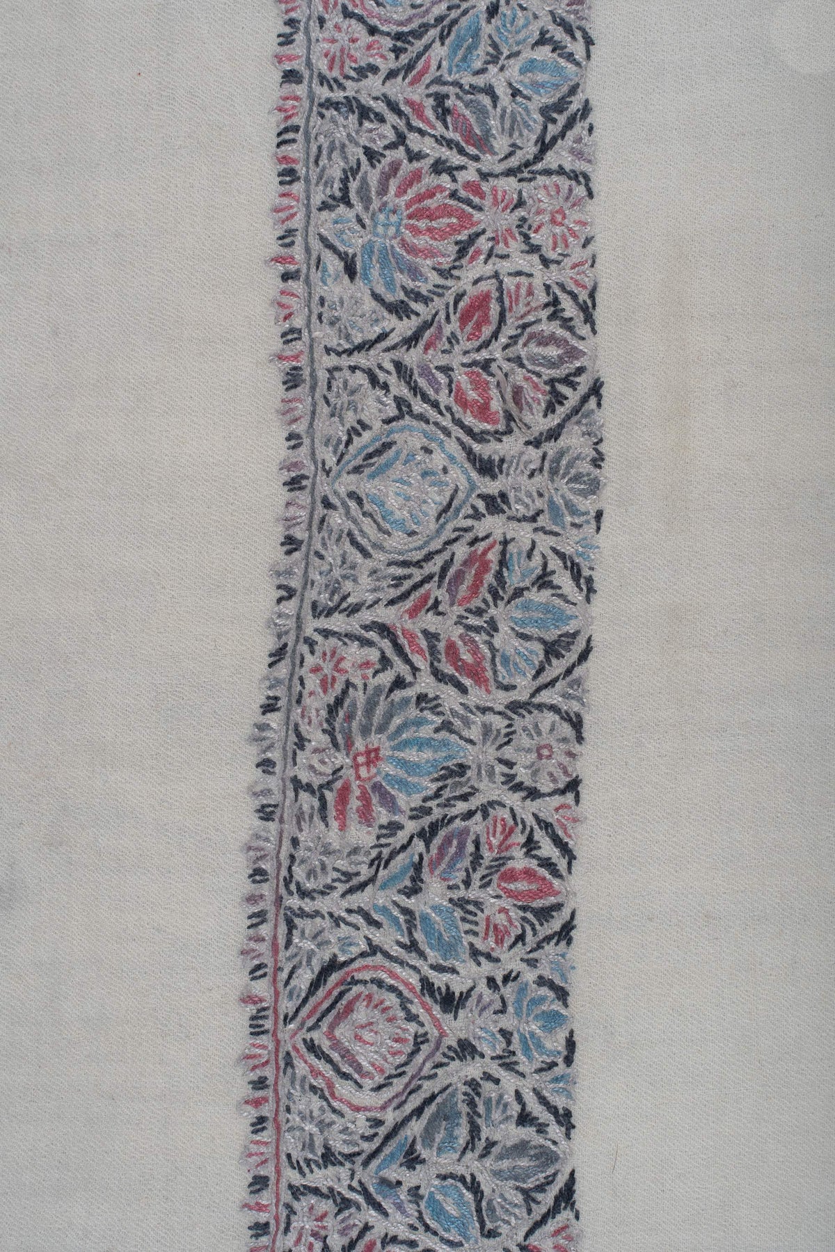 Close-up of dense rose, blue and charcoal flowers and leaves along the rumal's border