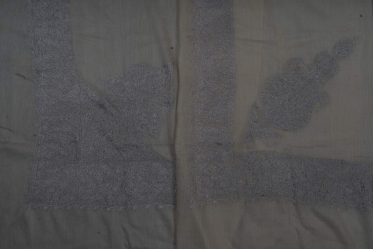 Two ivory Merino wool rumal corners comparing a large leafy Sozni corner with a separate ornate motif inside the border.