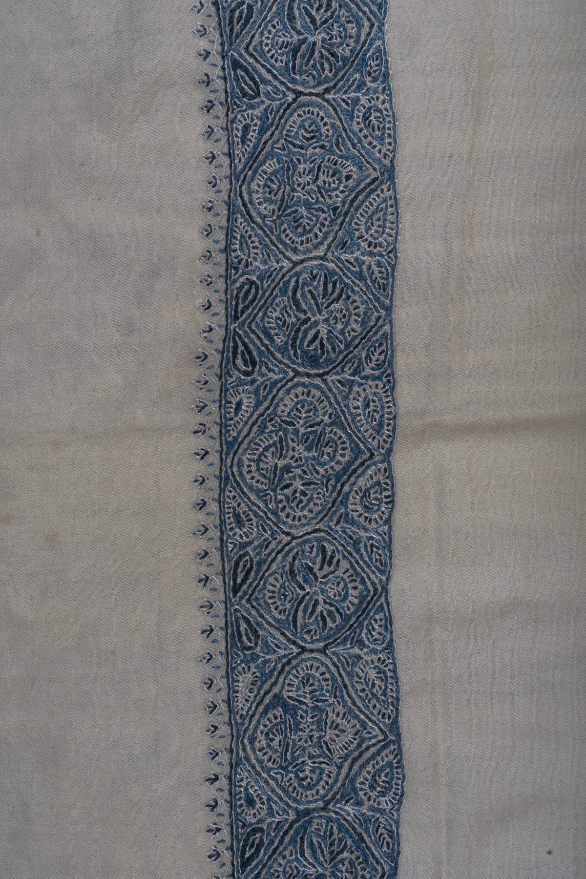 Close-up of repeating indigo floral medallions and tiny leaf edging along the ivory rumal border.