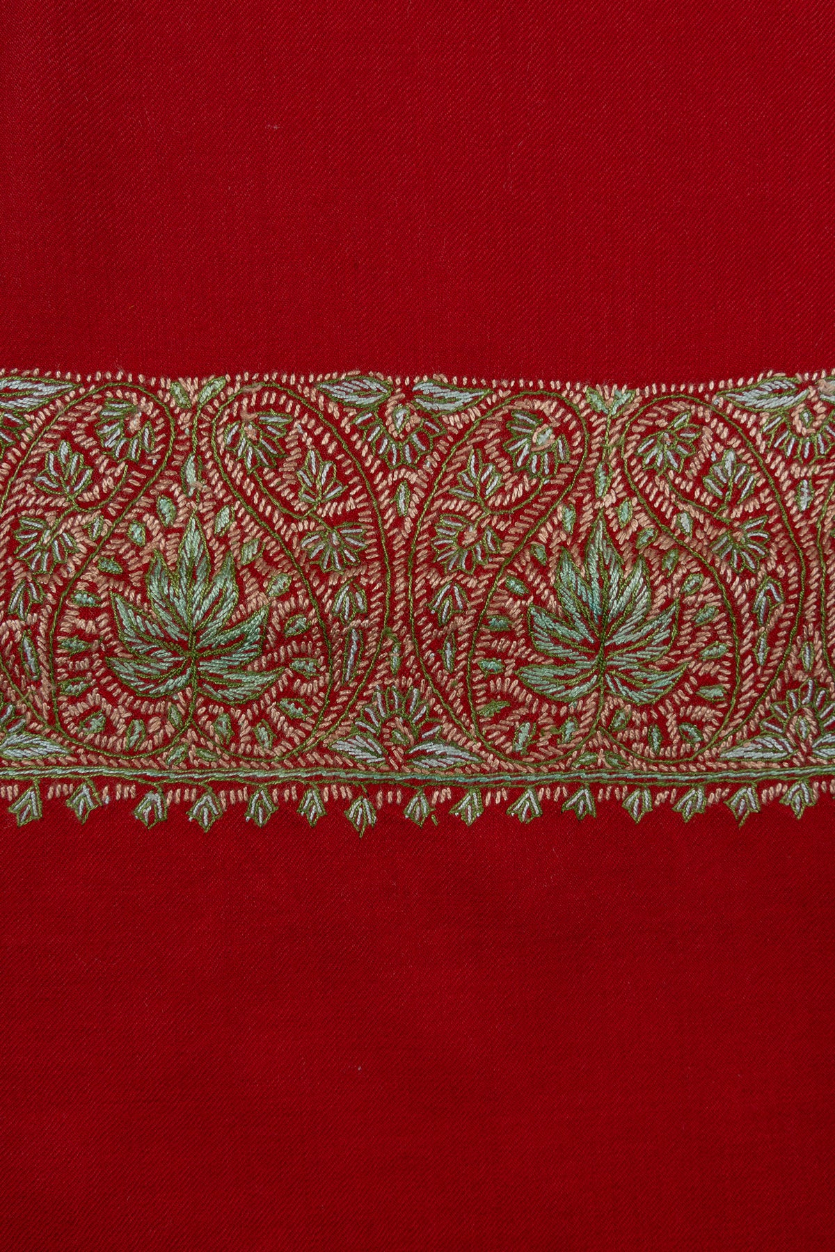 Crimson Aura Merino Wool Shawl with Sozni Hand Embroidered Border