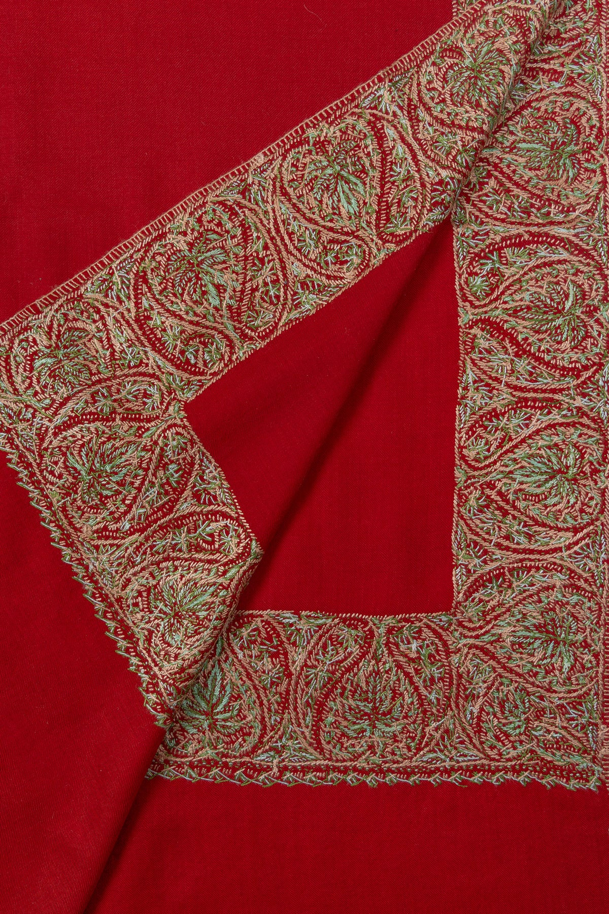 Crimson Aura Merino Wool Shawl with Sozni Hand Embroidered Border