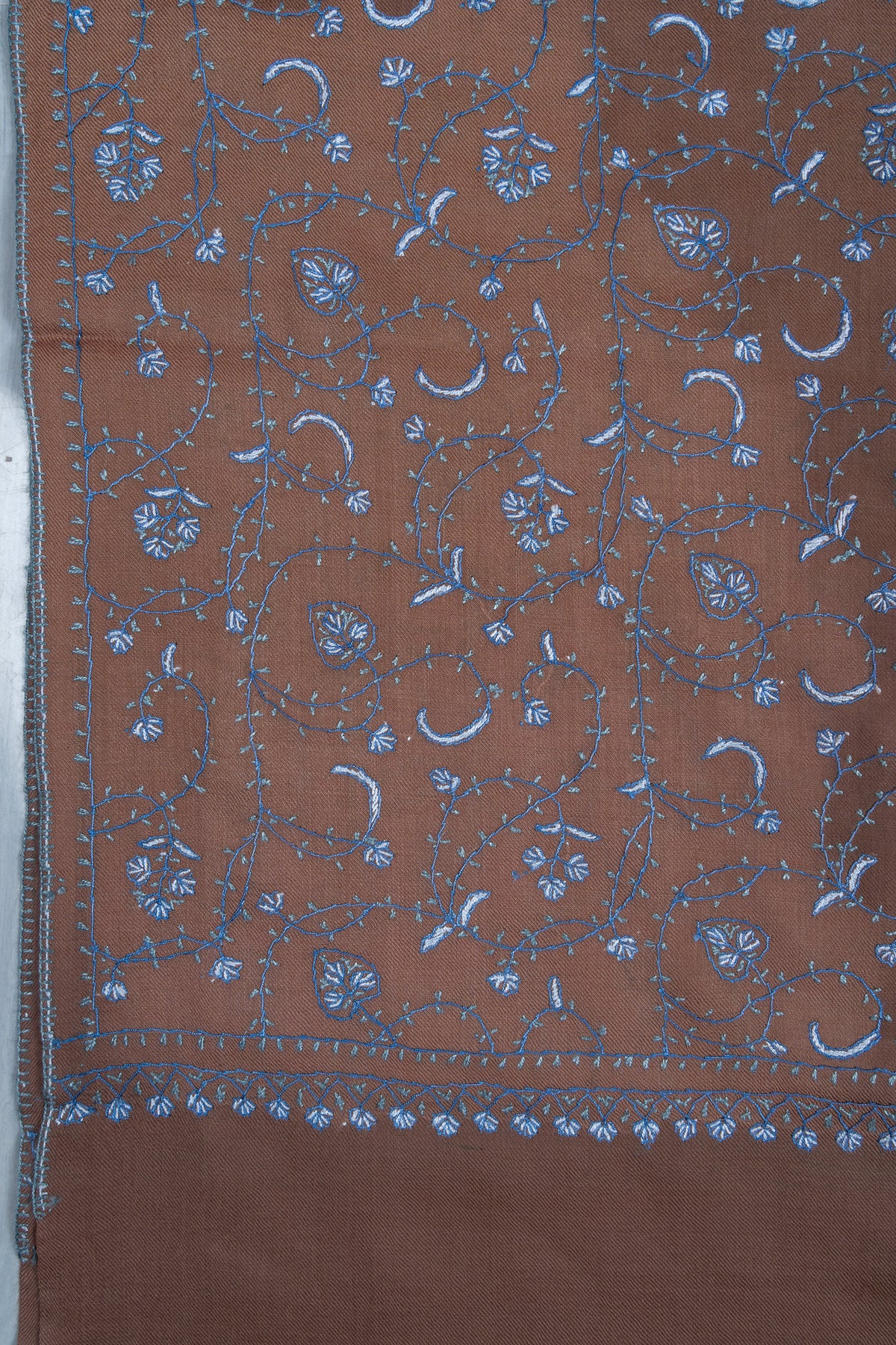 Misty Mocha Bloom Sozni Hand Embroidered Merino Wool Shawl