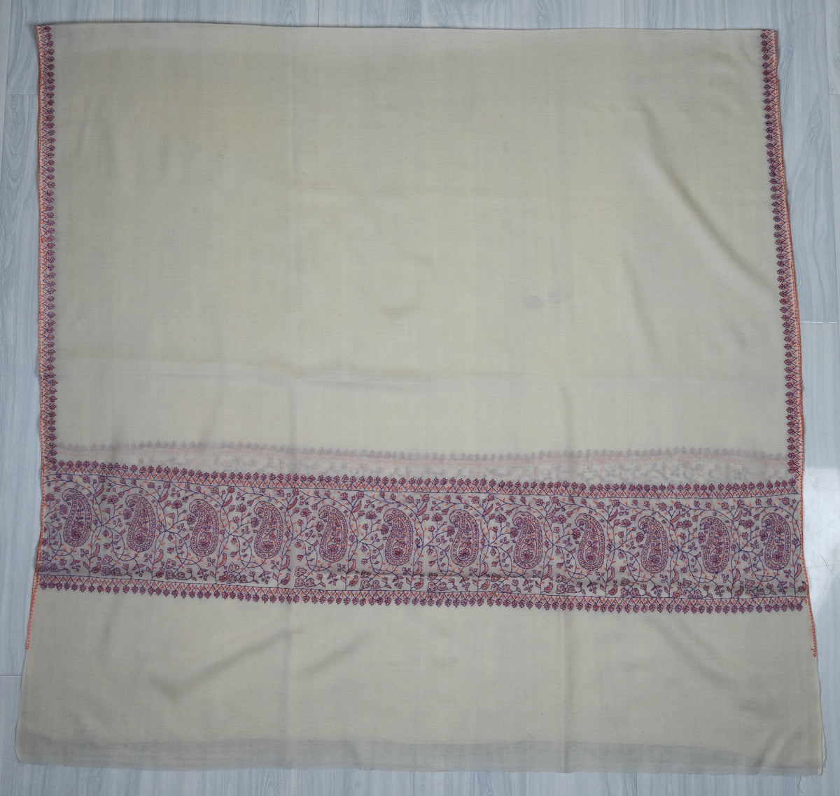 Ivory Orchid Sozni Hand Embroidered Merino Wool Shawl