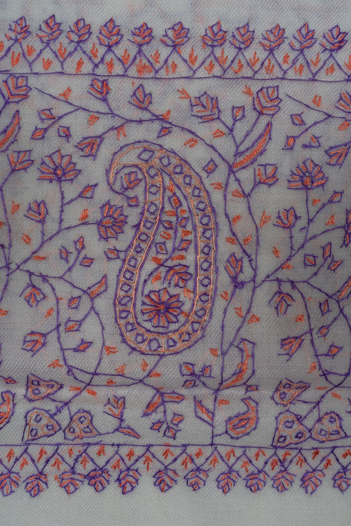 Ivory Orchid Sozni Hand Embroidered Merino Wool Shawl