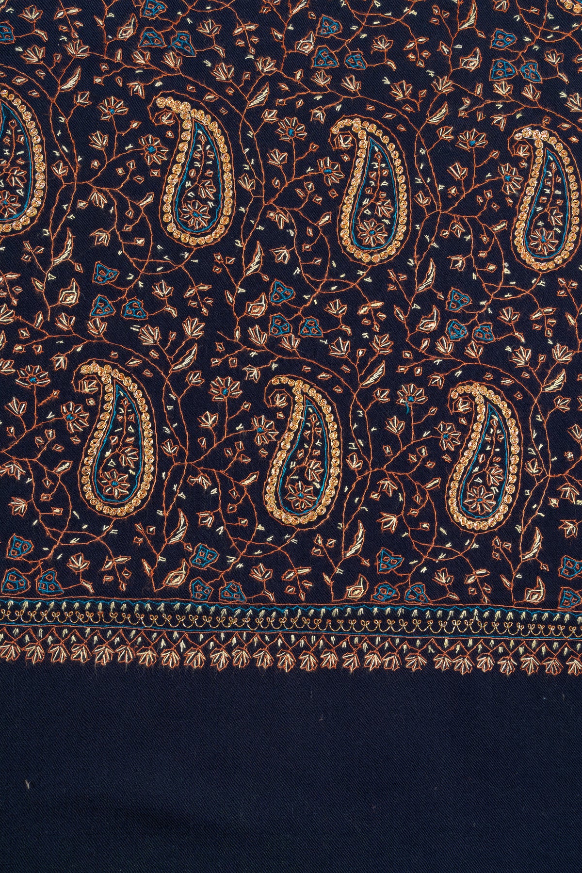 Midnight Paisley Sozni Hand Embroidered Merino Wool Shawl
