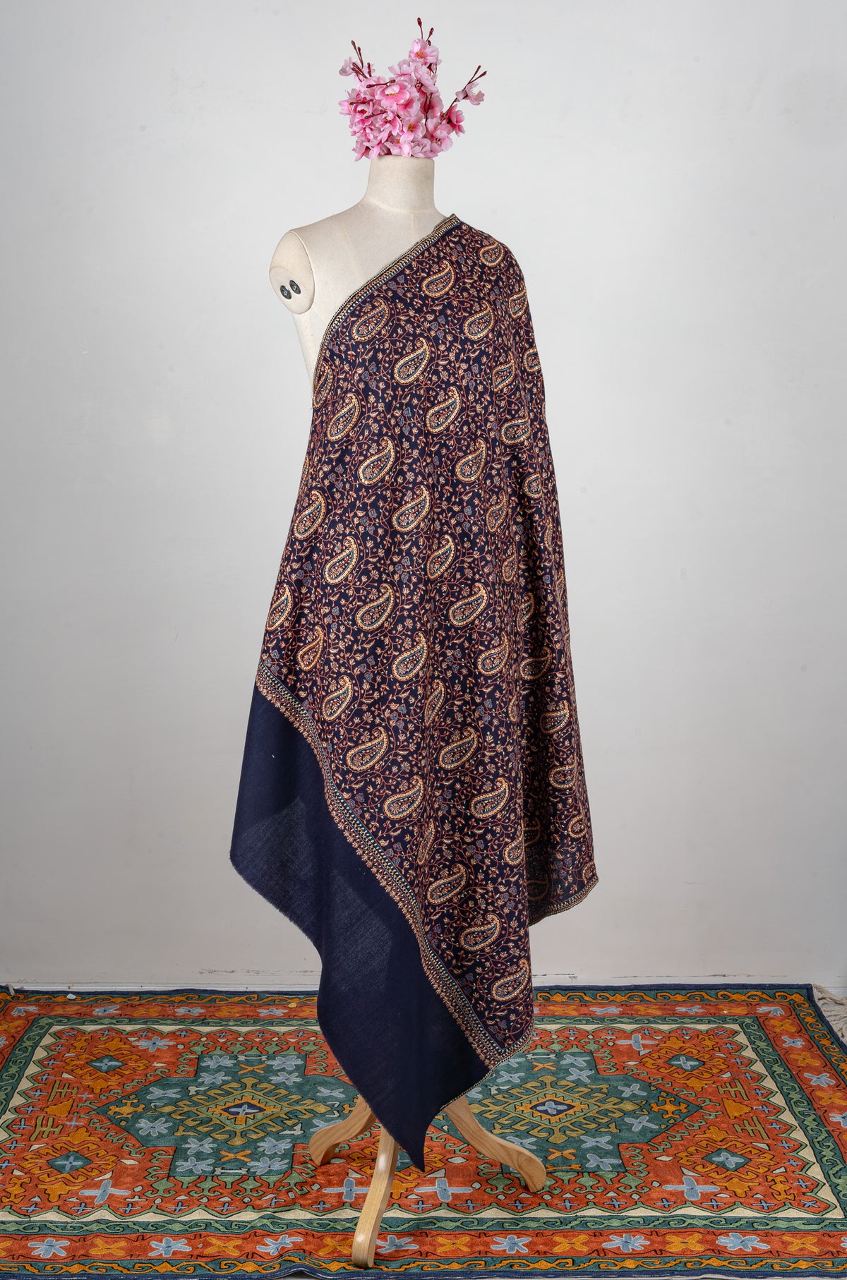 Midnight Paisley Sozni Hand Embroidered Merino Wool Shawl