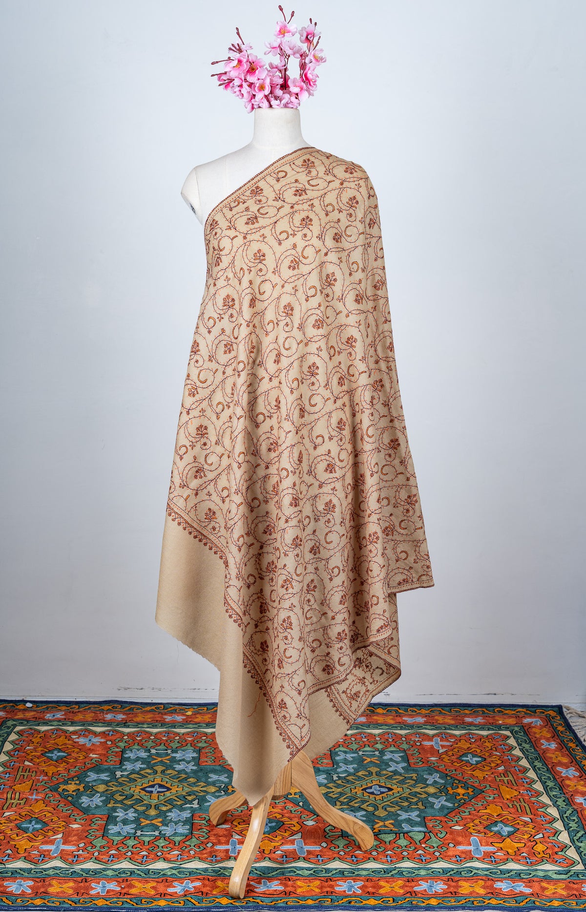 Sandstone Vine Sozni Hand Embroidered Merino Wool Shawl