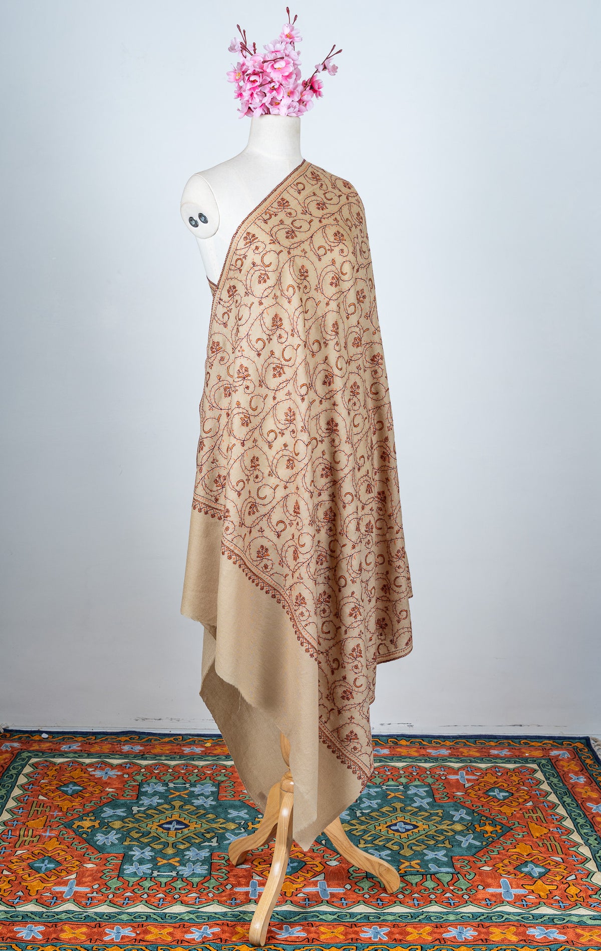 Sandstone Vine Sozni Hand Embroidered Merino Wool Shawl