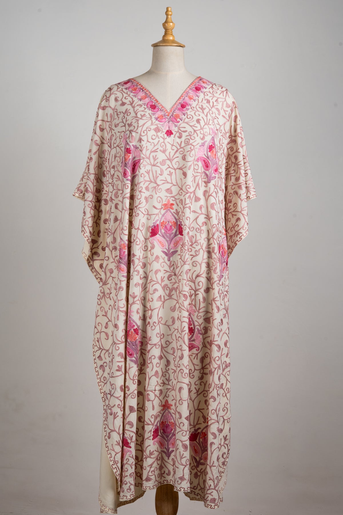 Rosy Vines Aari Embroidered Kaftans in Cream Beige